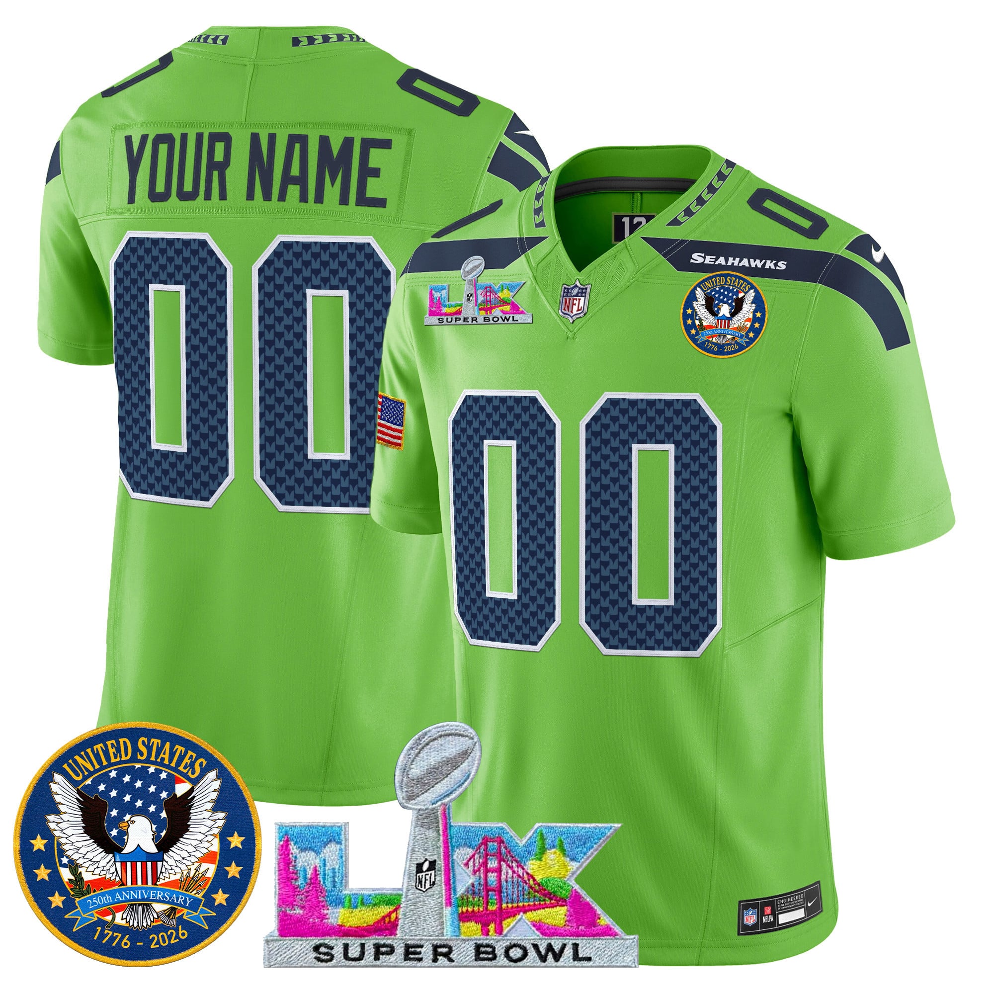 Seattle Seahawks "Super Bowl LX & United States 250th Patch" Vapor Limited Custom Jersey - All Stitched - Image 4