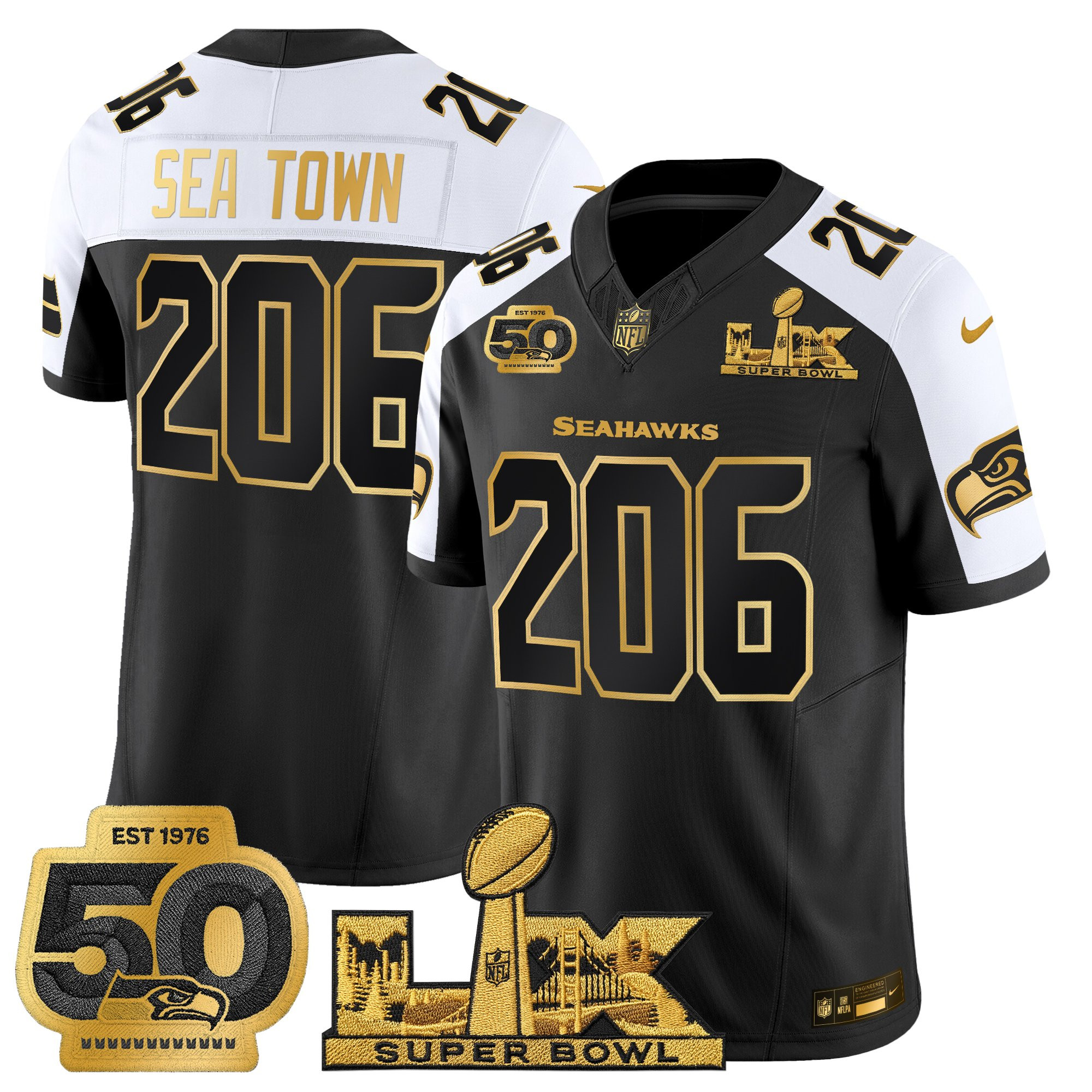 Men's Seattle Seahawks "Super Bowl LX & 50th Patch" Gold Vapor Limited Jersey - All Stitched - Image 26