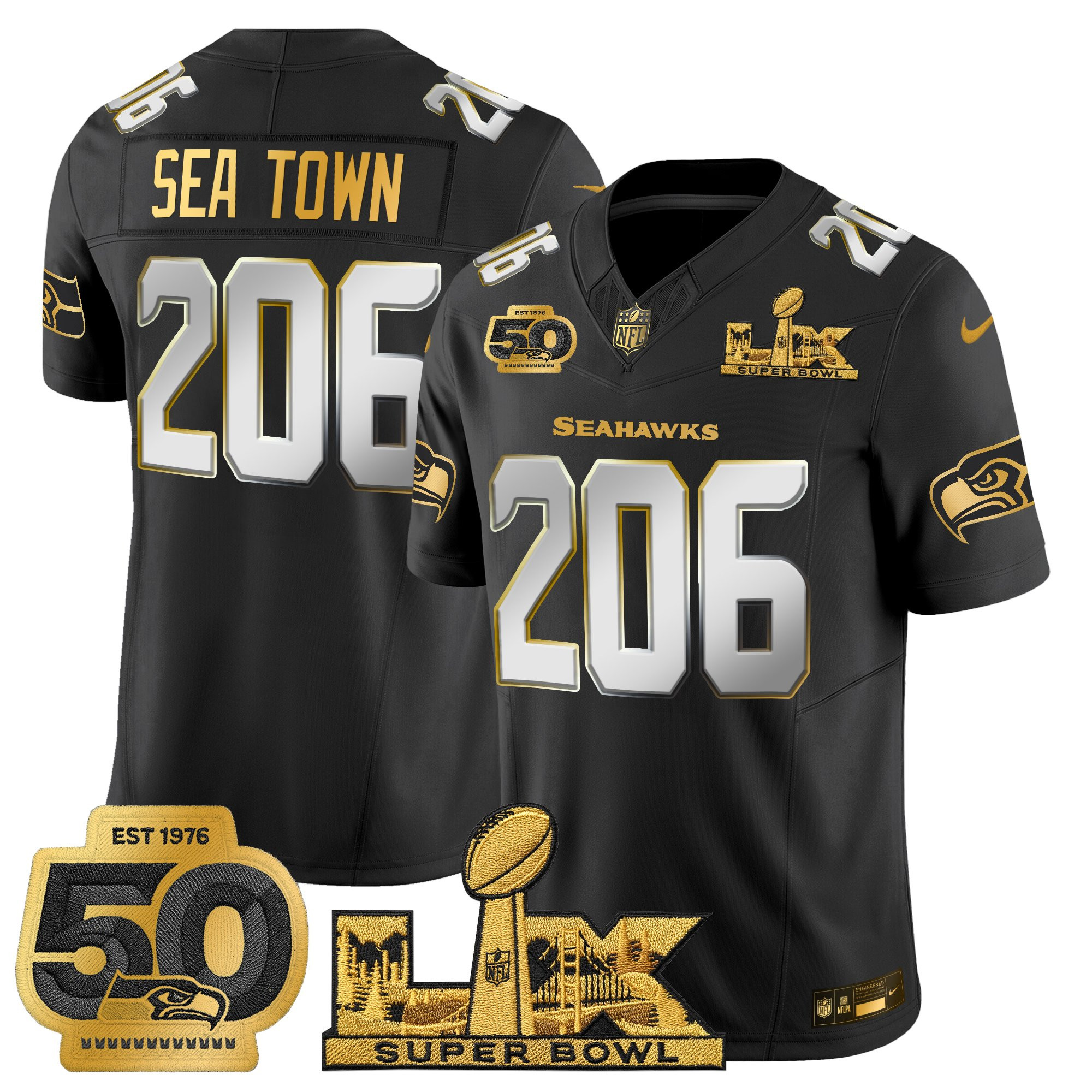 Men's Seattle Seahawks "Super Bowl LX & 50th Patch" Gold Vapor Limited Jersey - All Stitched - Image 18