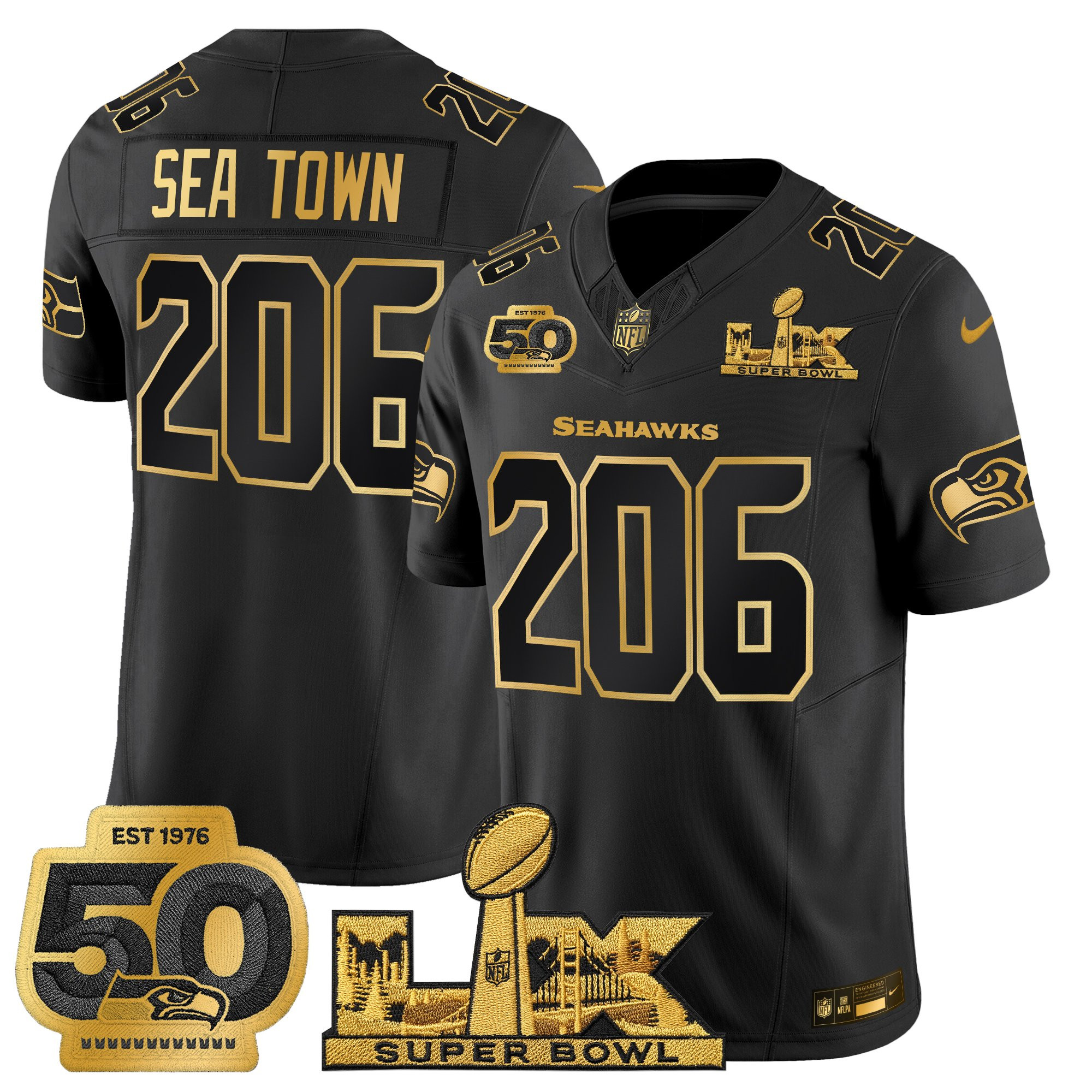 Men's Seattle Seahawks "Super Bowl LX & 50th Patch" Gold Vapor Limited Jersey - All Stitched - Image 2