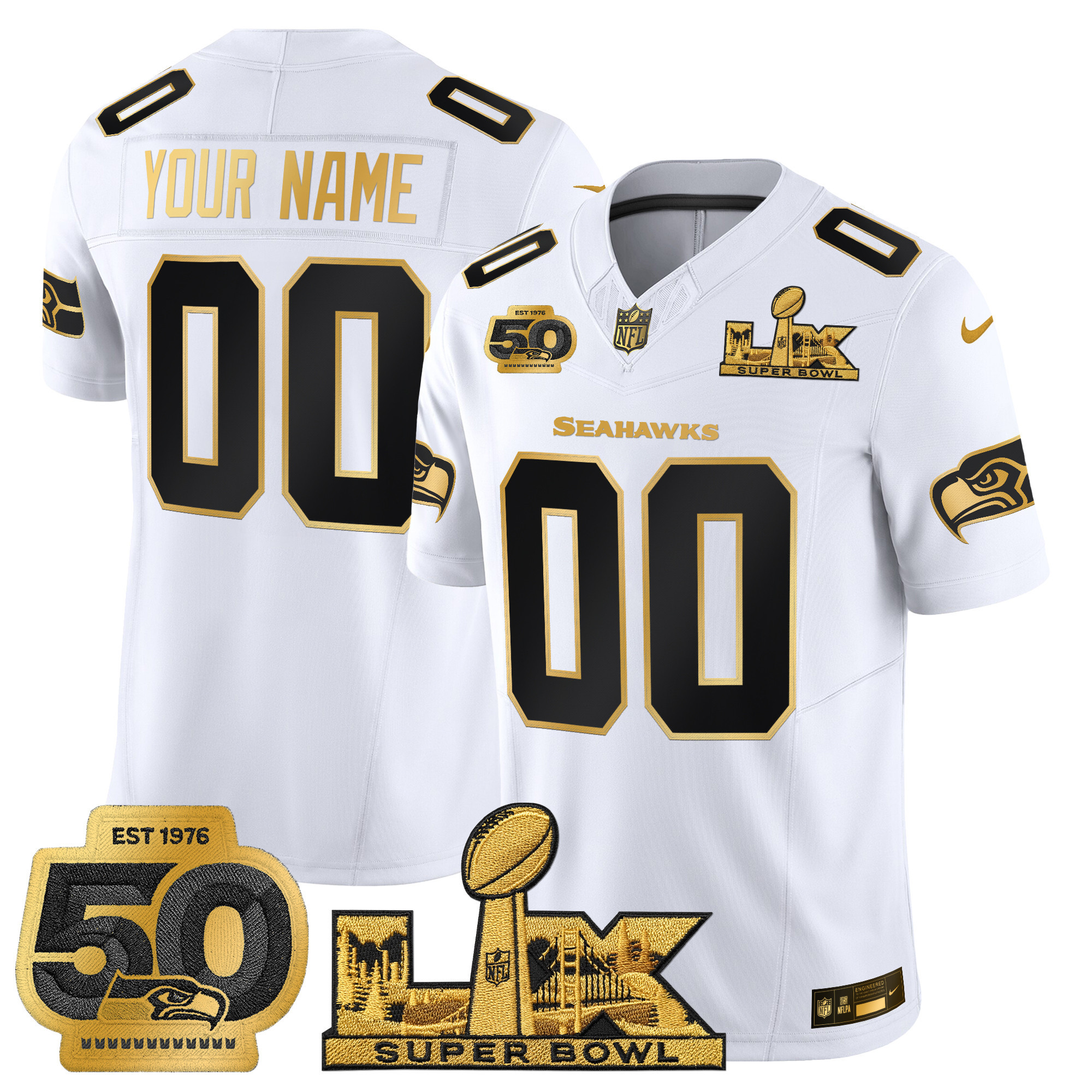 Seattle Seahawks "Super Bowl LX & 50th Patch" Gold Vapor Limited Custom Jersey - All Stitched - Image 2