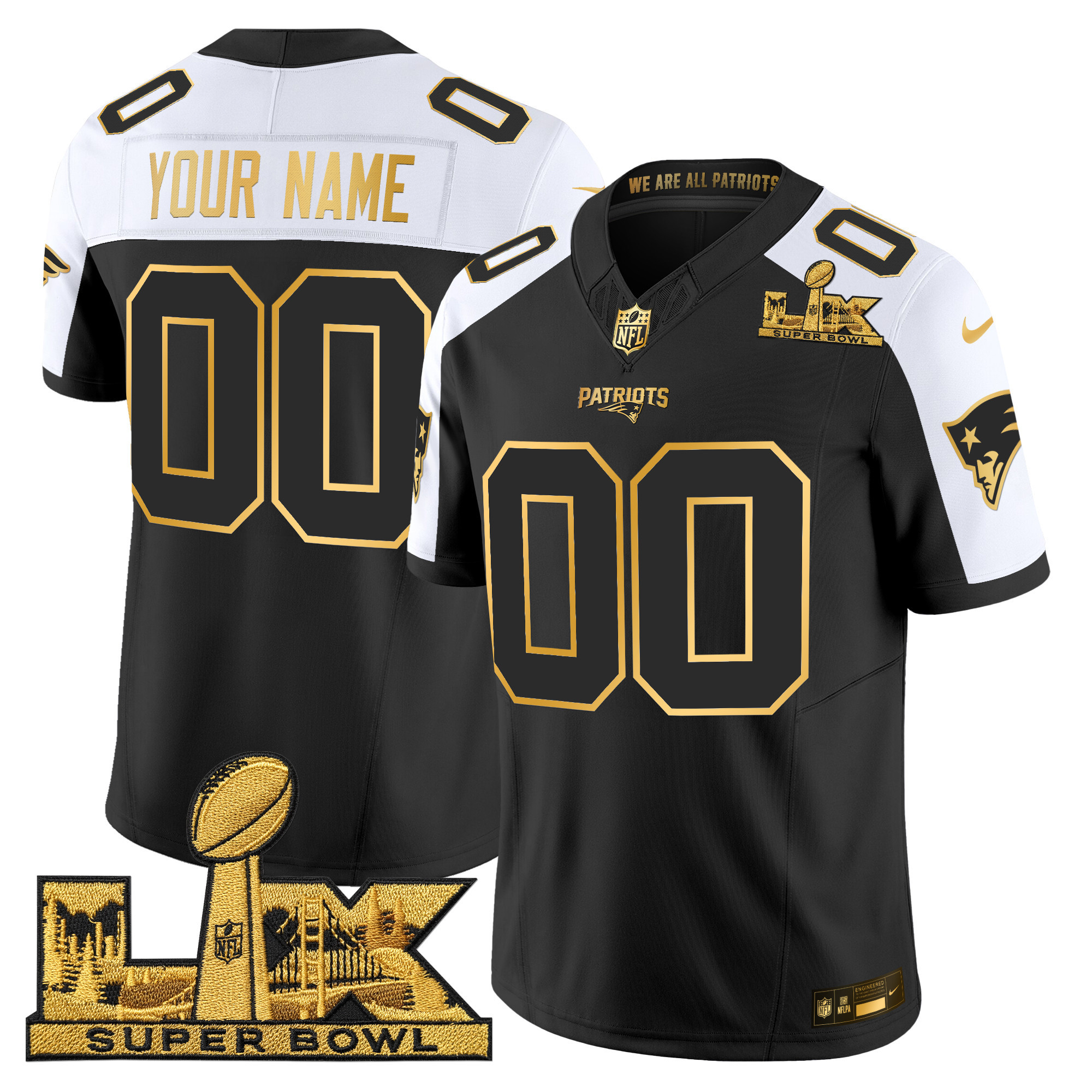 New England Patriots Super Bowl LX Gold Vapor Limited Custom Jersey - All Stitched - Image 3