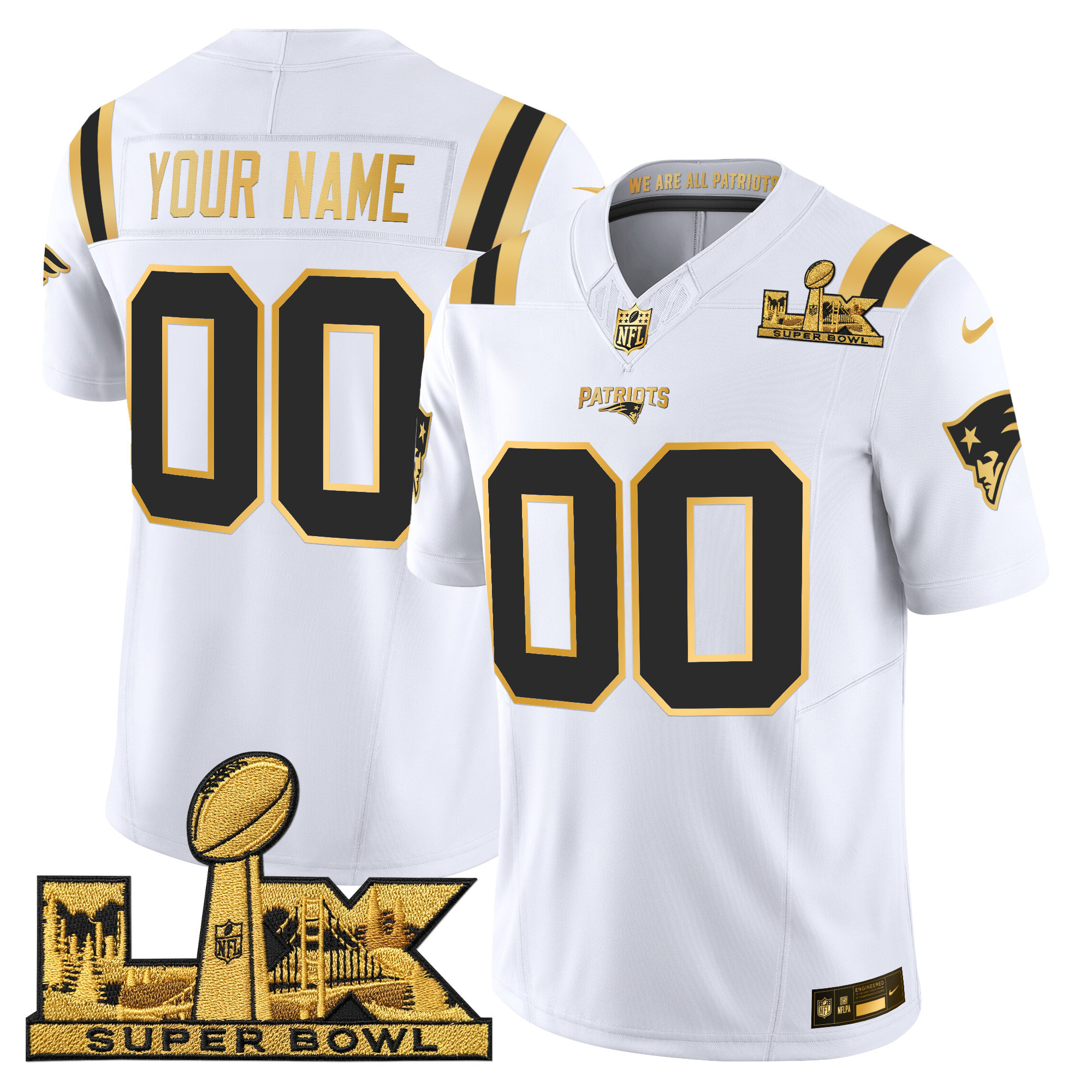 New England Patriots Super Bowl LX Gold Vapor Limited Custom Jersey - All Stitched - Image 2