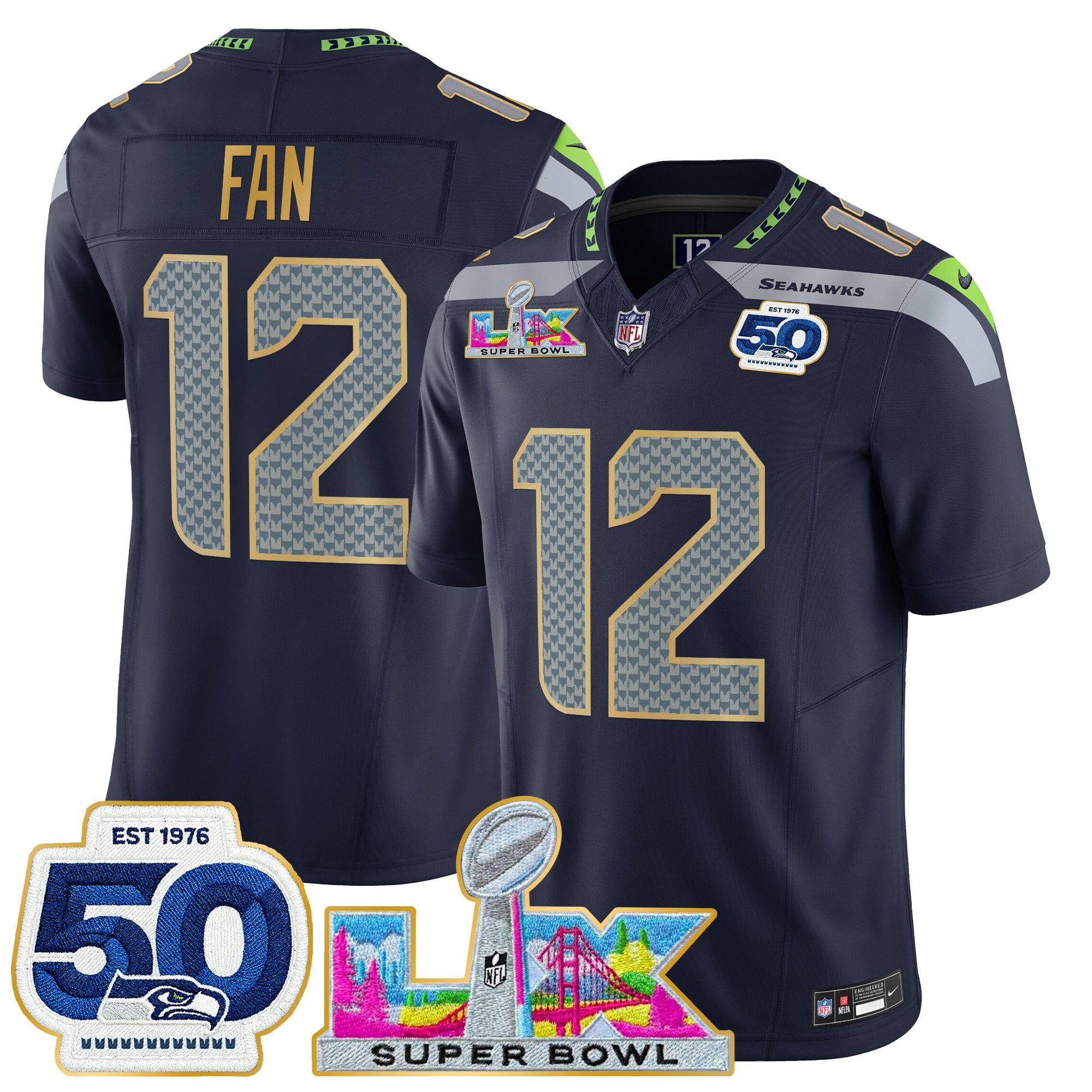 Men's Seattle Seahawks "Super Bowl LX & 50th Patch" Gold Trim Vapor Limited Jersey - All Stitched - Image 16