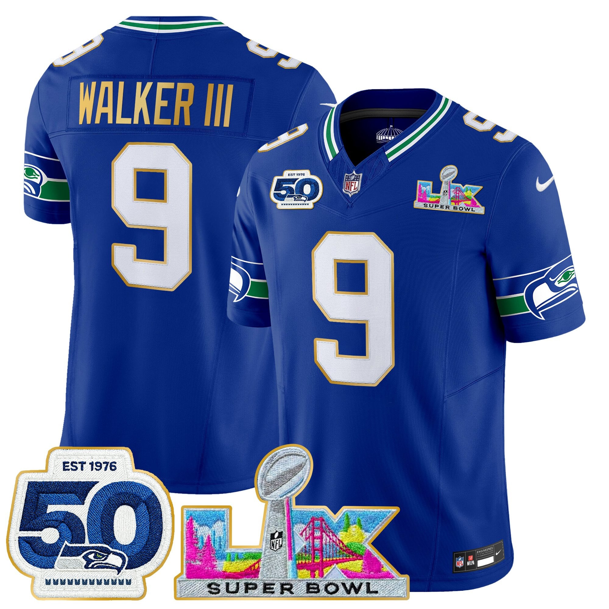 Men's Seattle Seahawks "Super Bowl LX & 50th Patch" Gold Trim Vapor Limited Jersey - All Stitched - Image 6