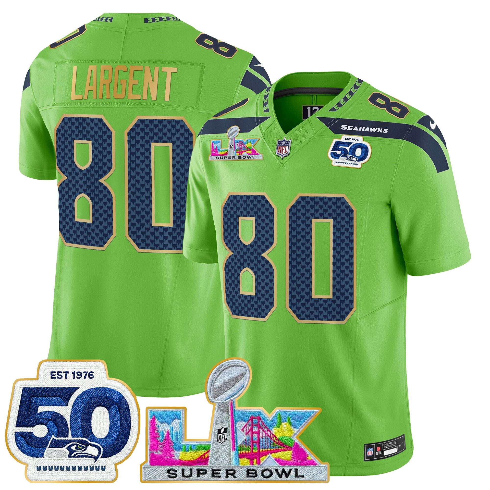 Men's Seattle Seahawks "Super Bowl LX & 50th Patch" Gold Trim Vapor Limited Jersey - All Stitched - Image 31