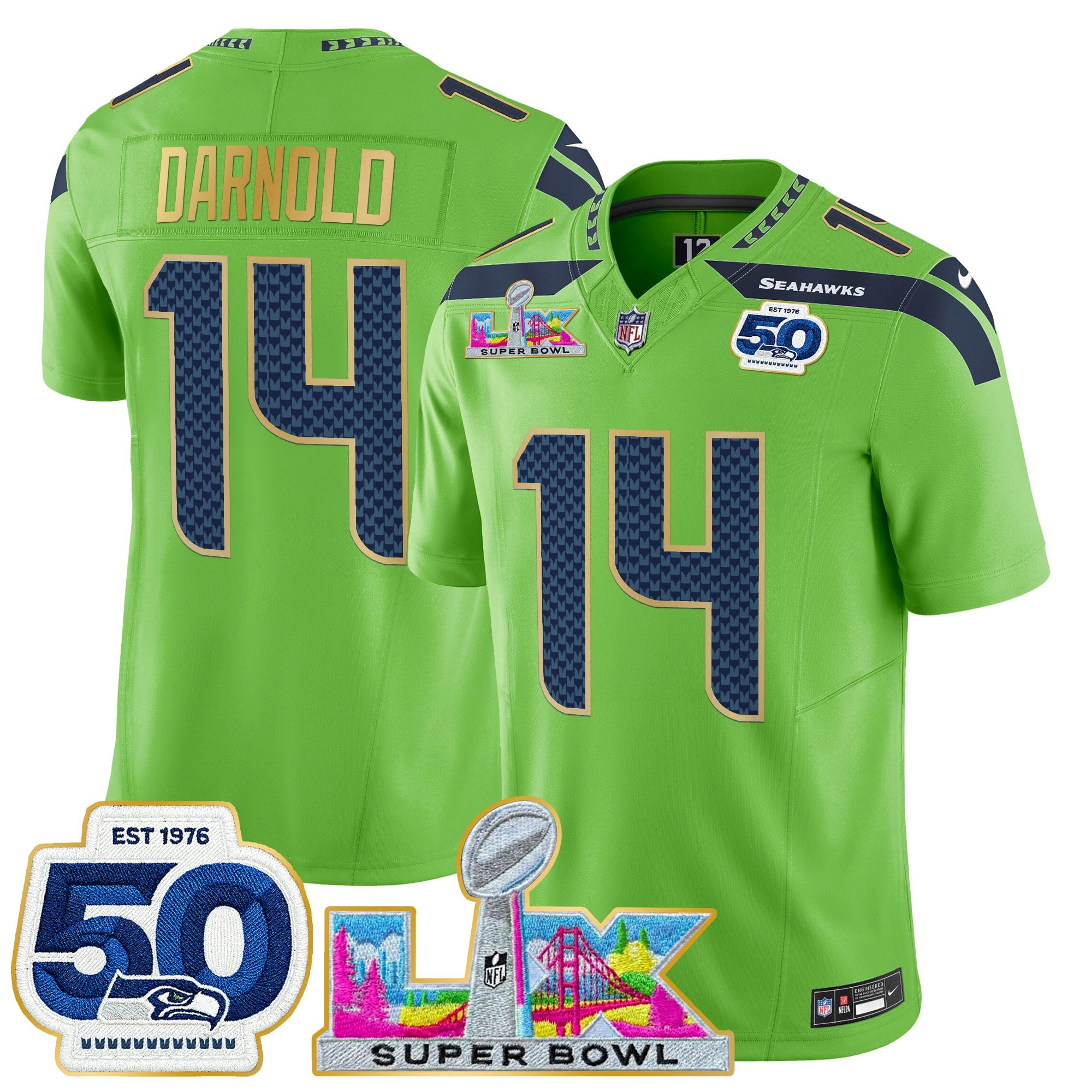 Men's Seattle Seahawks "Super Bowl LX & 50th Patch" Gold Trim Vapor Limited Jersey - All Stitched - Image 25