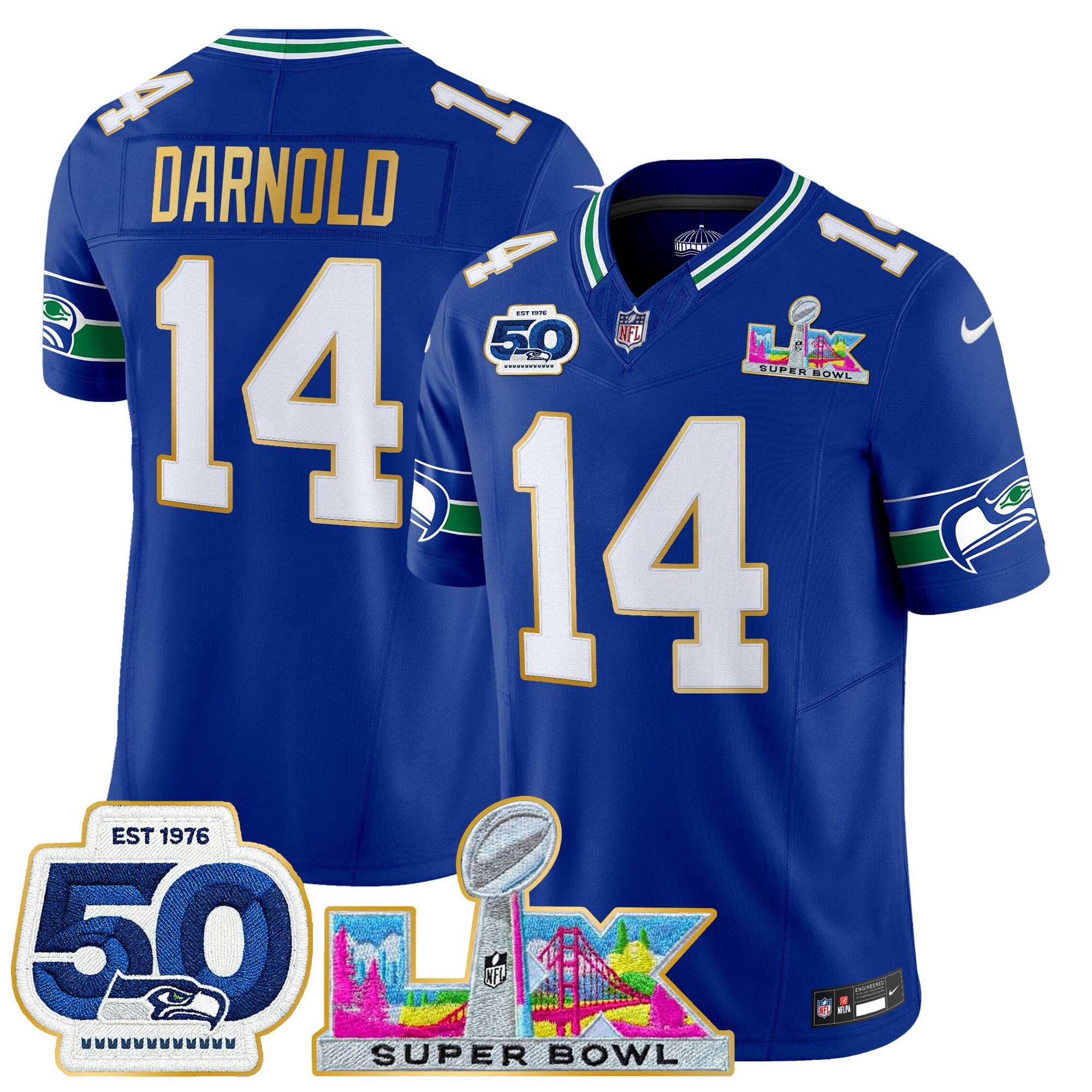 Men's Seattle Seahawks "Super Bowl LX & 50th Patch" Gold Trim Vapor Limited Jersey - All Stitched