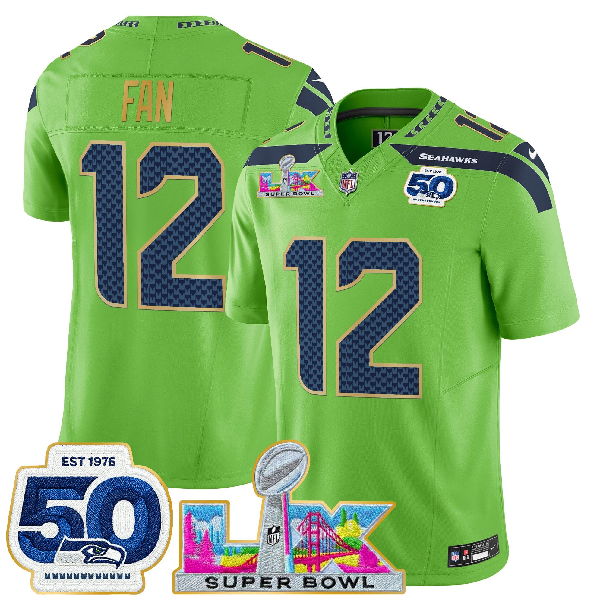 Men's Seattle Seahawks "Super Bowl LX & 50th Patch" Gold Trim Vapor Limited Jersey - All Stitched - Image 32