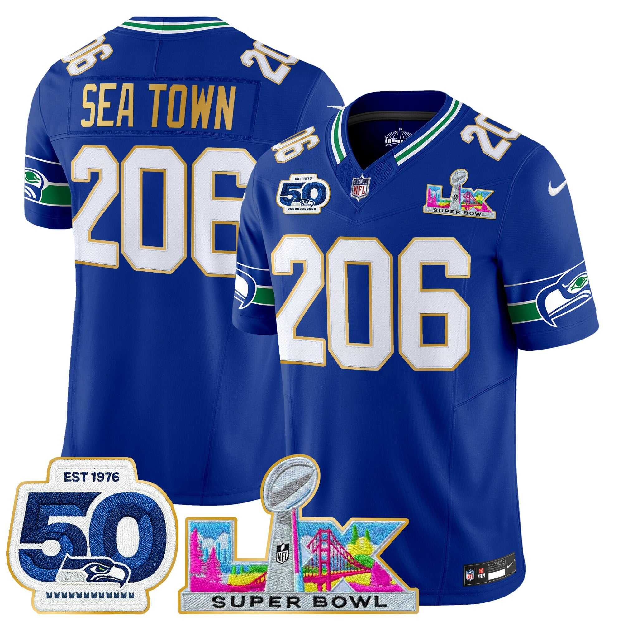 Men's Seattle Seahawks "Super Bowl LX & 50th Patch" Gold Trim Vapor Limited Jersey - All Stitched - Image 2