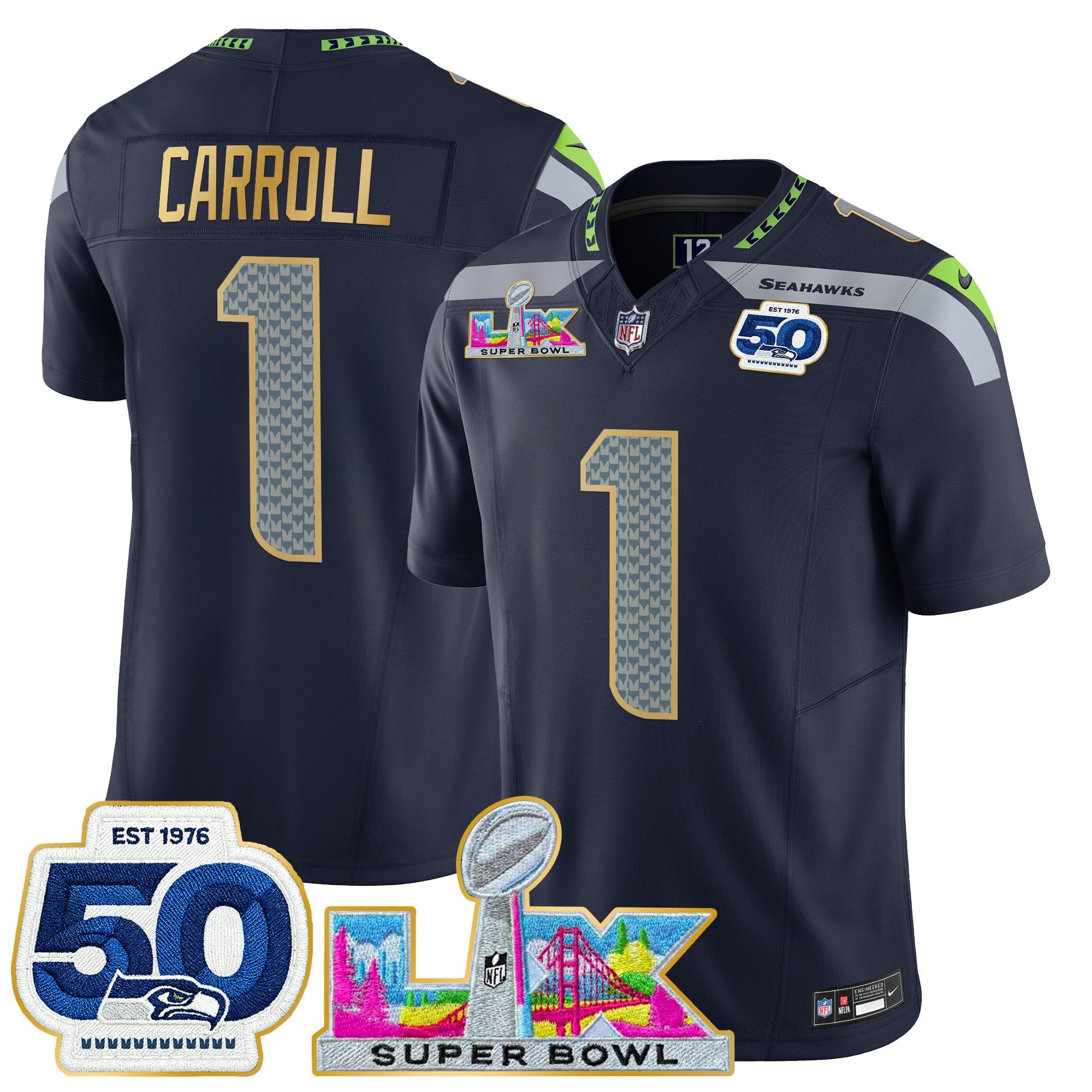 Men's Seattle Seahawks "Super Bowl LX & 50th Patch" Gold Trim Vapor Limited Jersey - All Stitched - Image 12