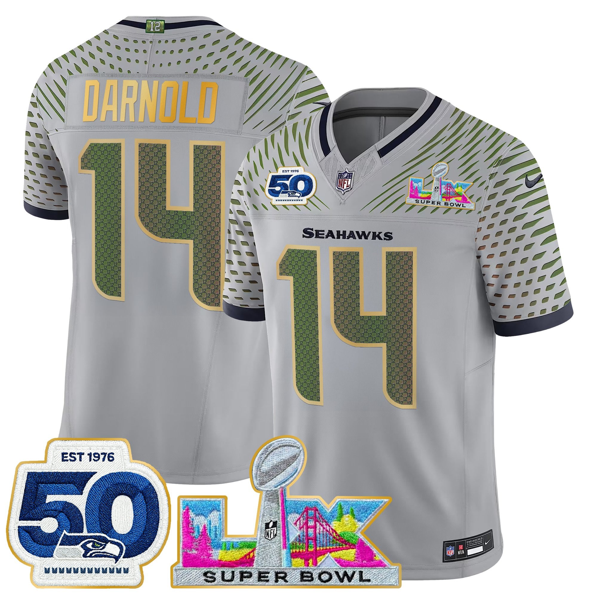 Men's Seattle Seahawks "Super Bowl LX & 50th Patch" Gold Trim Vapor Limited Jersey - All Stitched - Image 17