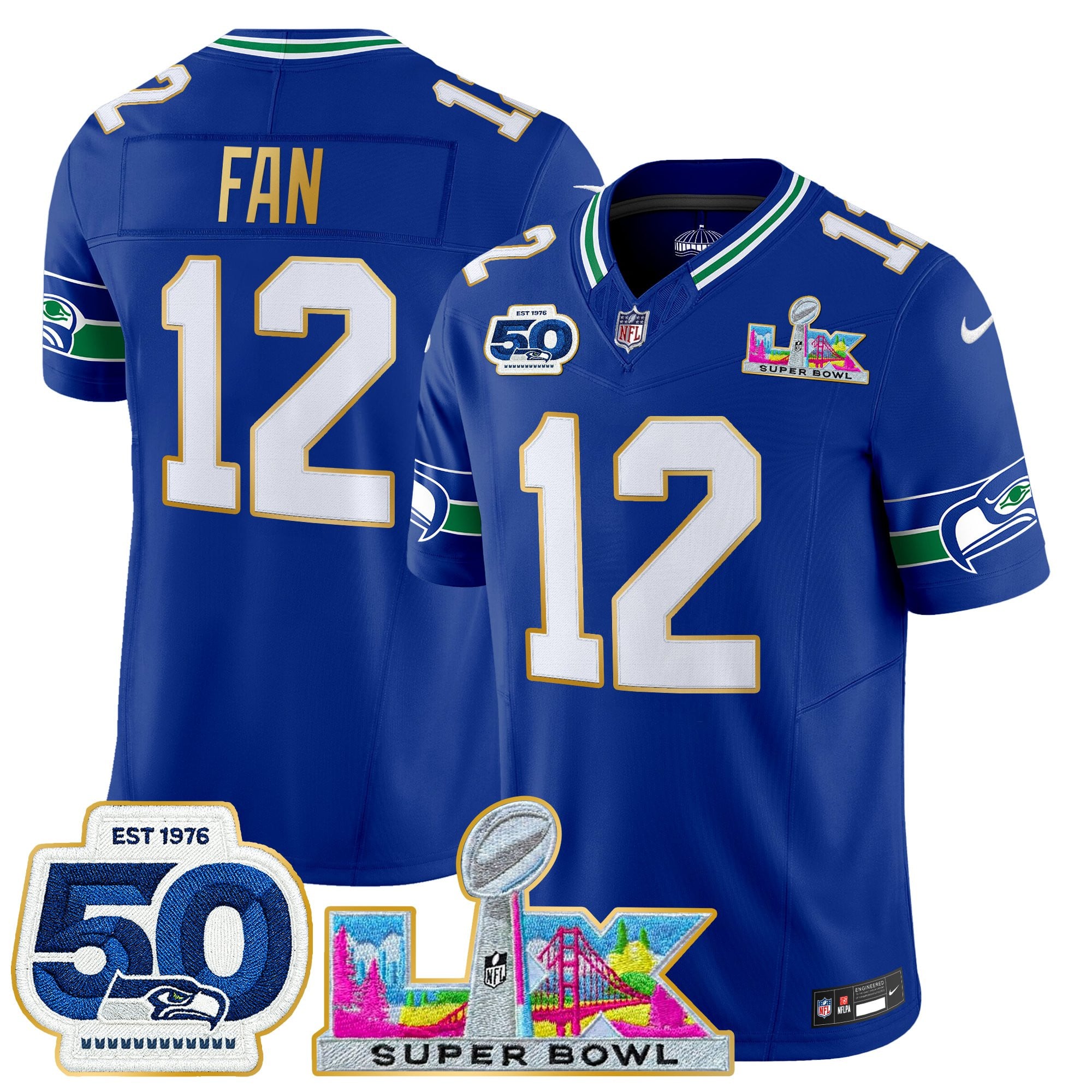 Men's Seattle Seahawks "Super Bowl LX & 50th Patch" Gold Trim Vapor Limited Jersey - All Stitched - Image 8