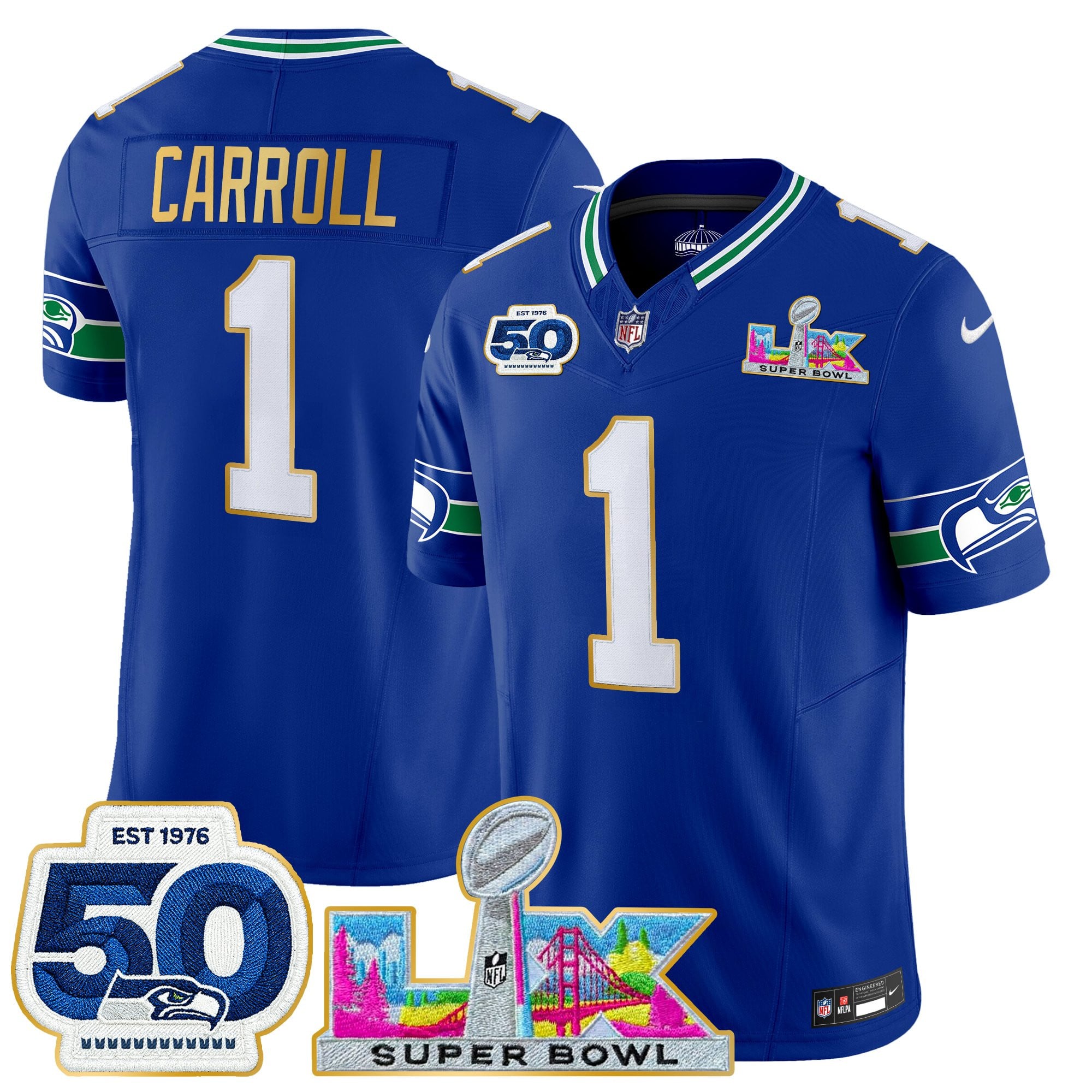 Men's Seattle Seahawks "Super Bowl LX & 50th Patch" Gold Trim Vapor Limited Jersey - All Stitched - Image 4