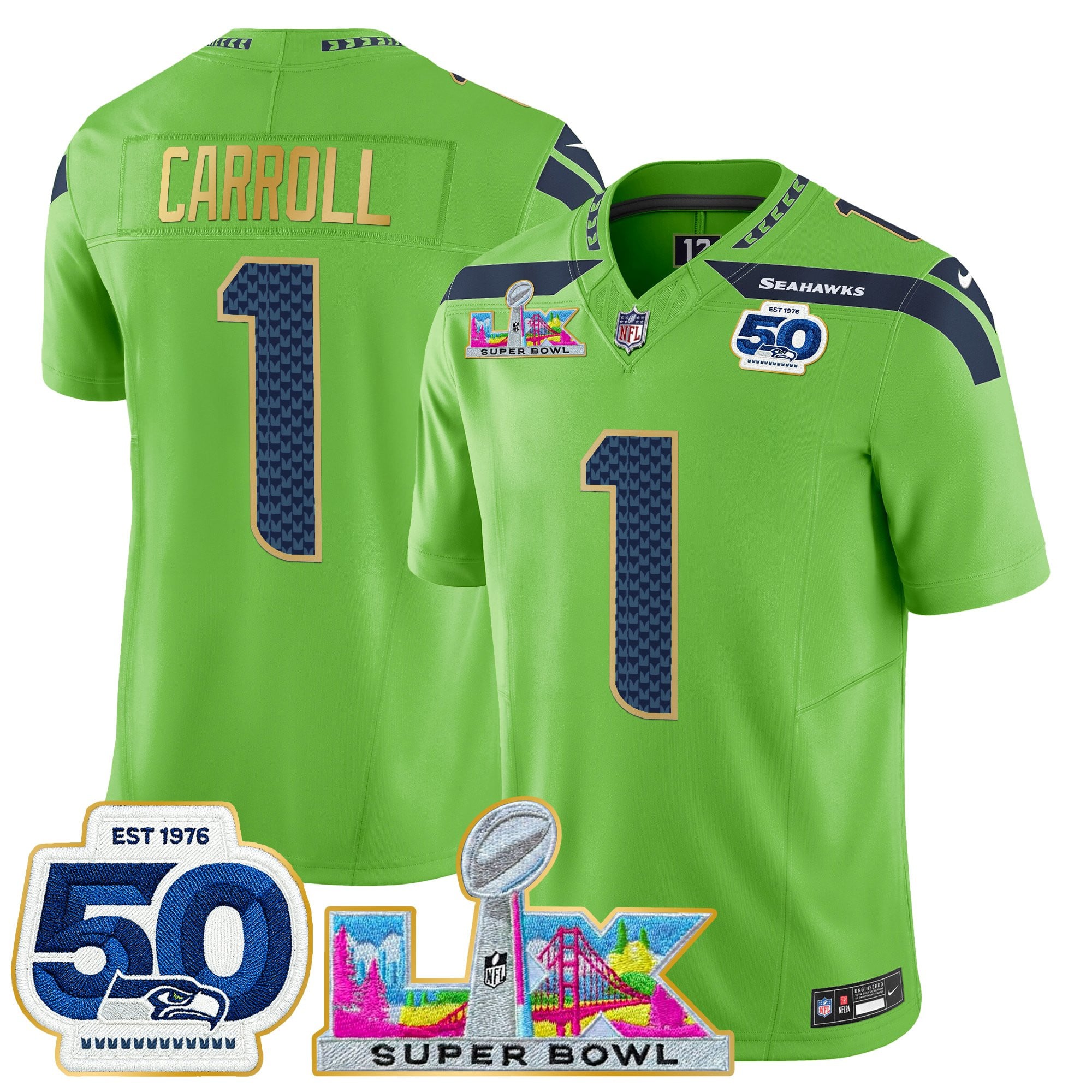 Men's Seattle Seahawks "Super Bowl LX & 50th Patch" Gold Trim Vapor Limited Jersey - All Stitched - Image 28