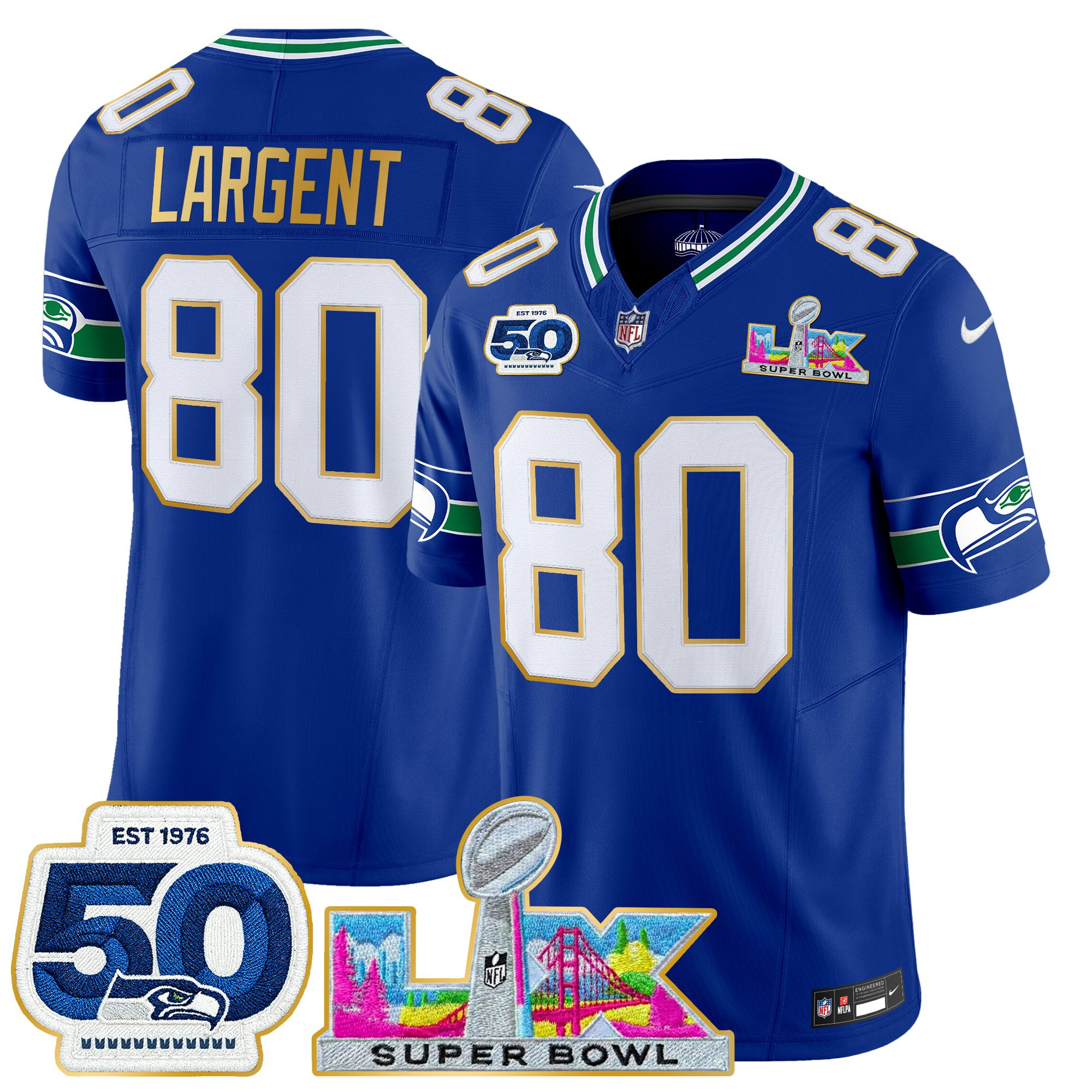 Men's Seattle Seahawks "Super Bowl LX & 50th Patch" Gold Trim Vapor Limited Jersey - All Stitched - Image 7