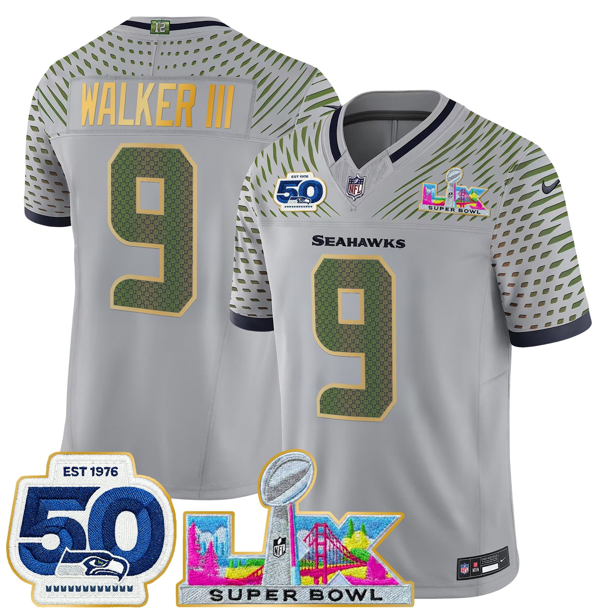 Men's Seattle Seahawks "Super Bowl LX & 50th Patch" Gold Trim Vapor Limited Jersey - All Stitched - Image 22