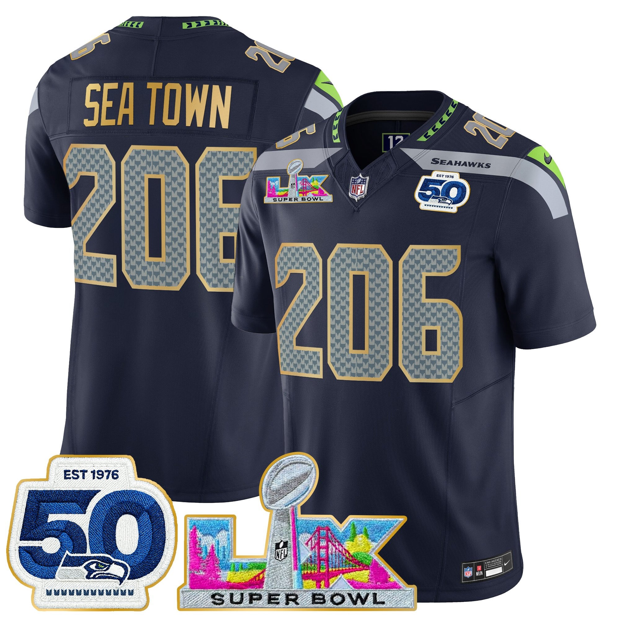 Men's Seattle Seahawks "Super Bowl LX & 50th Patch" Gold Trim Vapor Limited Jersey - All Stitched - Image 10