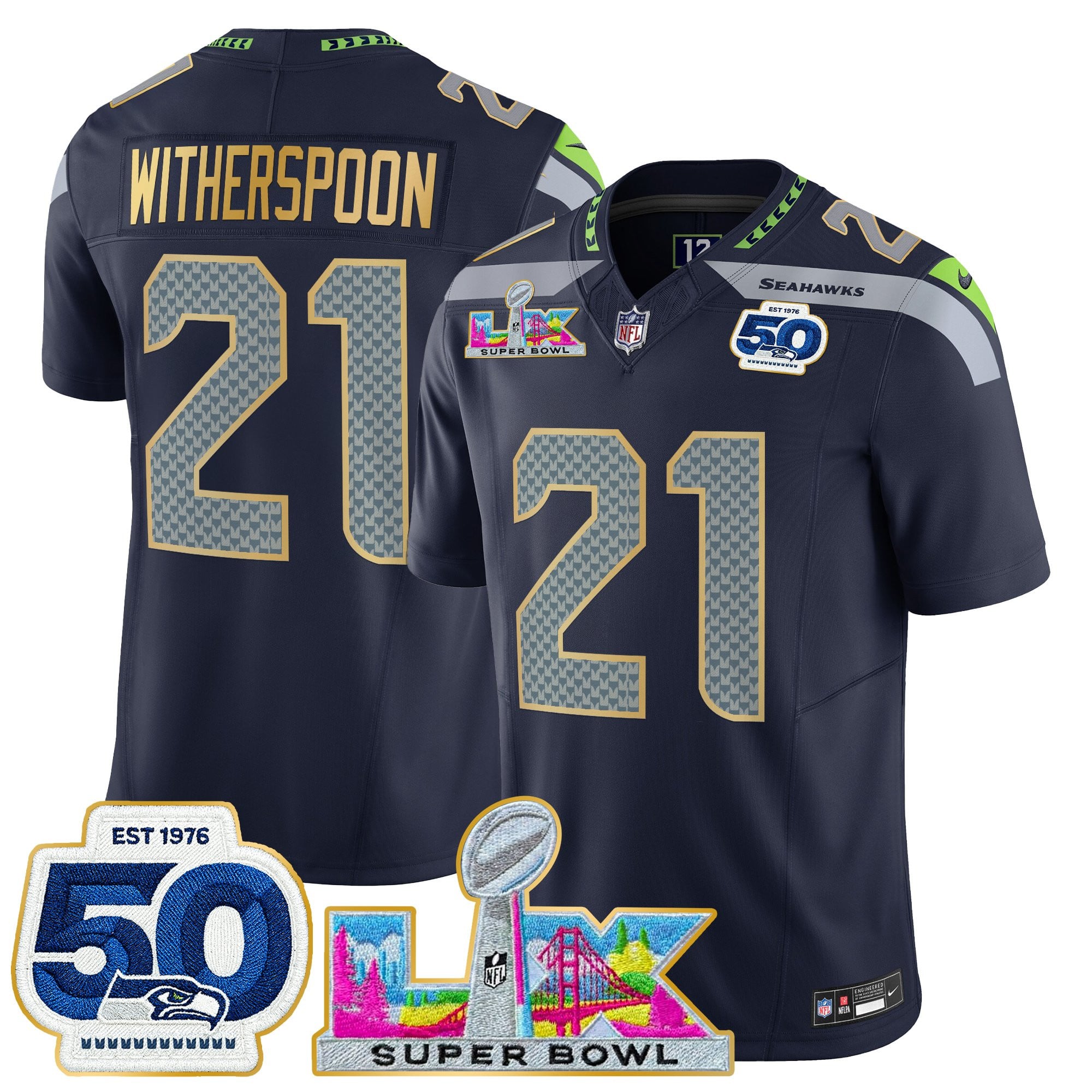 Men's Seattle Seahawks "Super Bowl LX & 50th Patch" Gold Trim Vapor Limited Jersey - All Stitched - Image 13