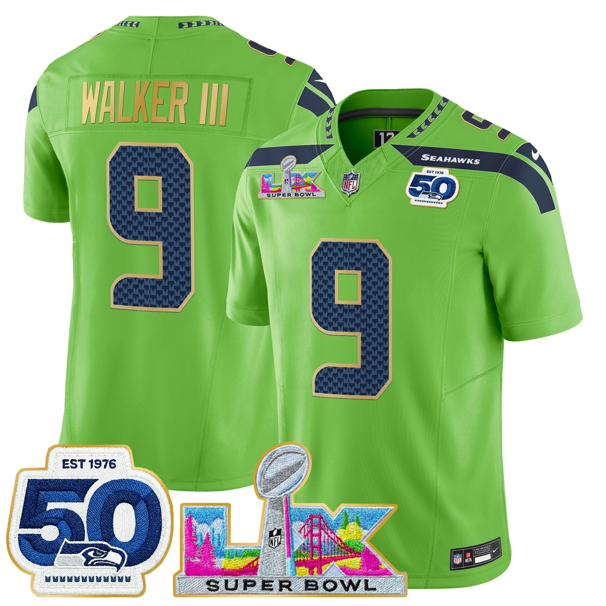 Men's Seattle Seahawks "Super Bowl LX & 50th Patch" Gold Trim Vapor Limited Jersey - All Stitched - Image 30