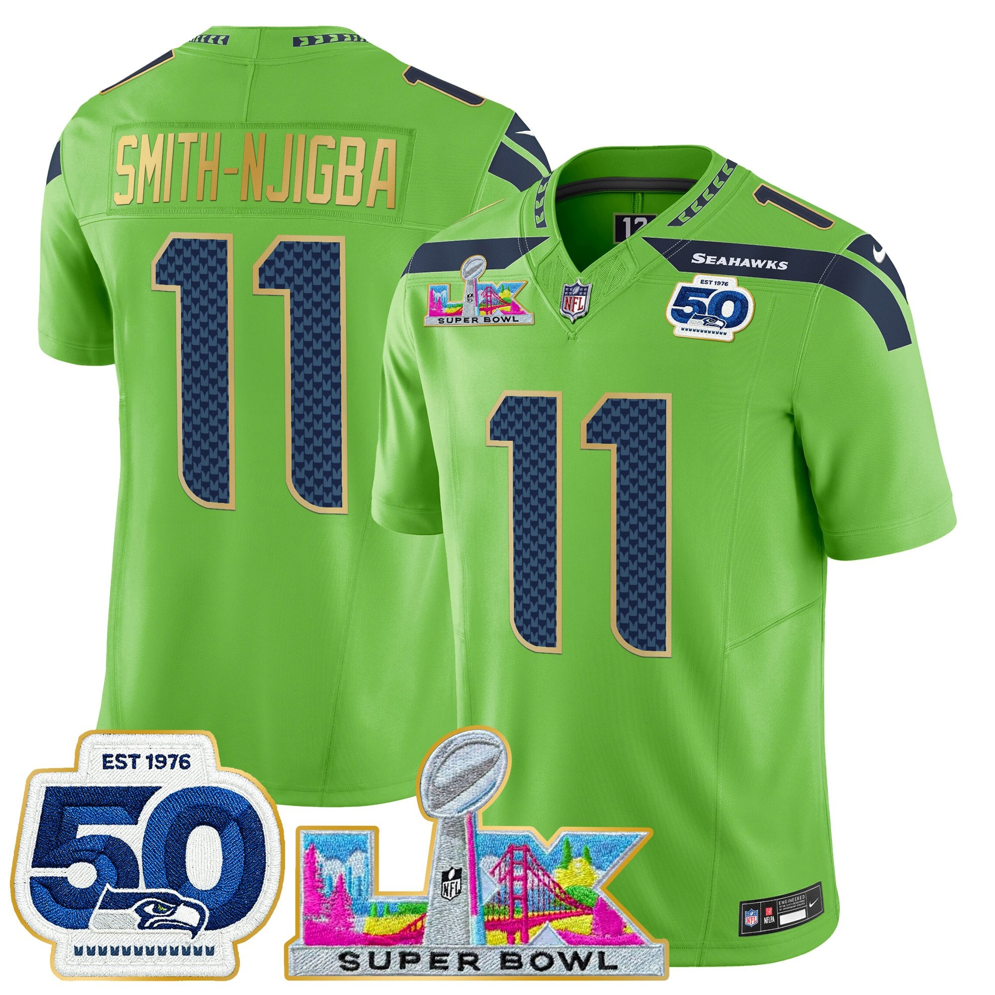 Men's Seattle Seahawks "Super Bowl LX & 50th Patch" Gold Trim Vapor Limited Jersey - All Stitched - Image 27