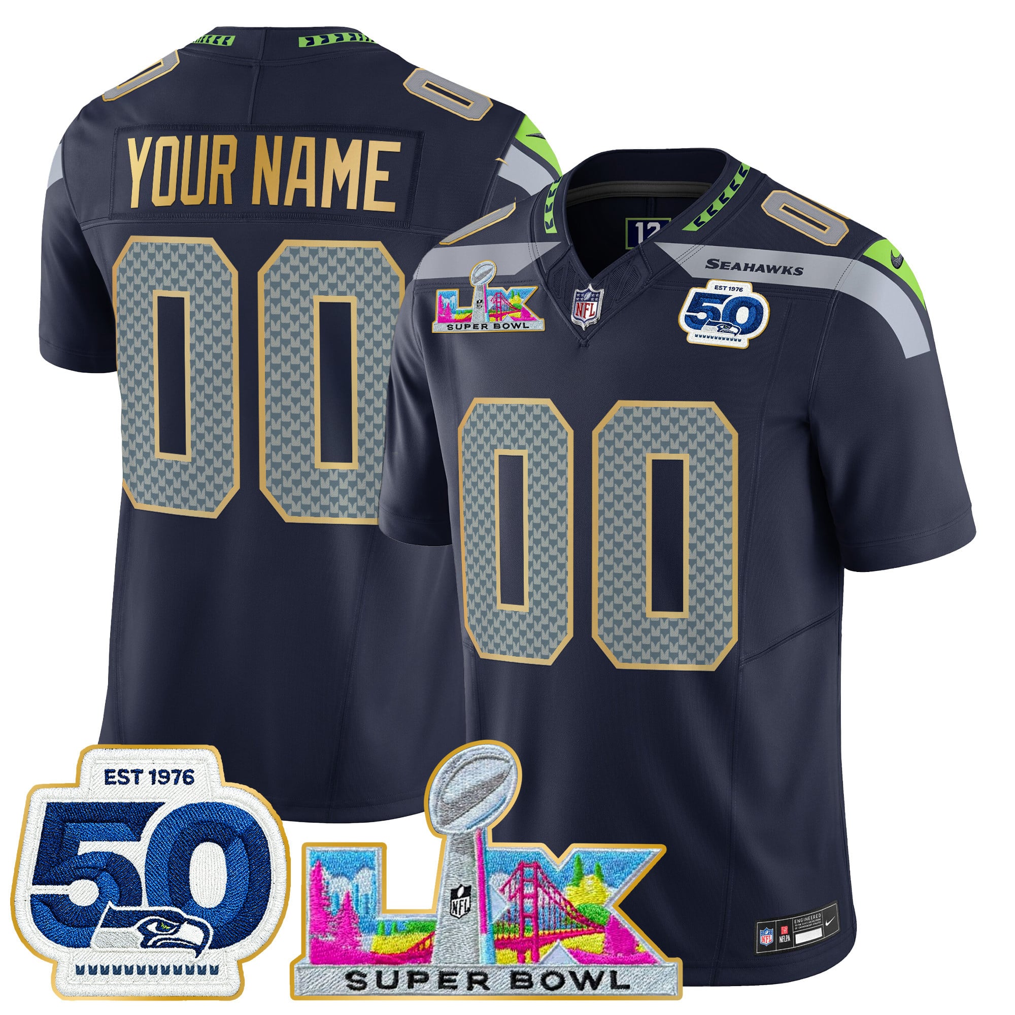 Seattle Seahawks "Super Bowl LX & 50th Patch" Gold Trim Vapor Limited Custom Jersey - All Stitched - Image 2