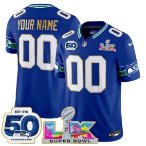 Seattle Seahawks "Super Bowl LX & 50th Patch" Gold Trim Vapor Limited Custom Jersey - All Stitched