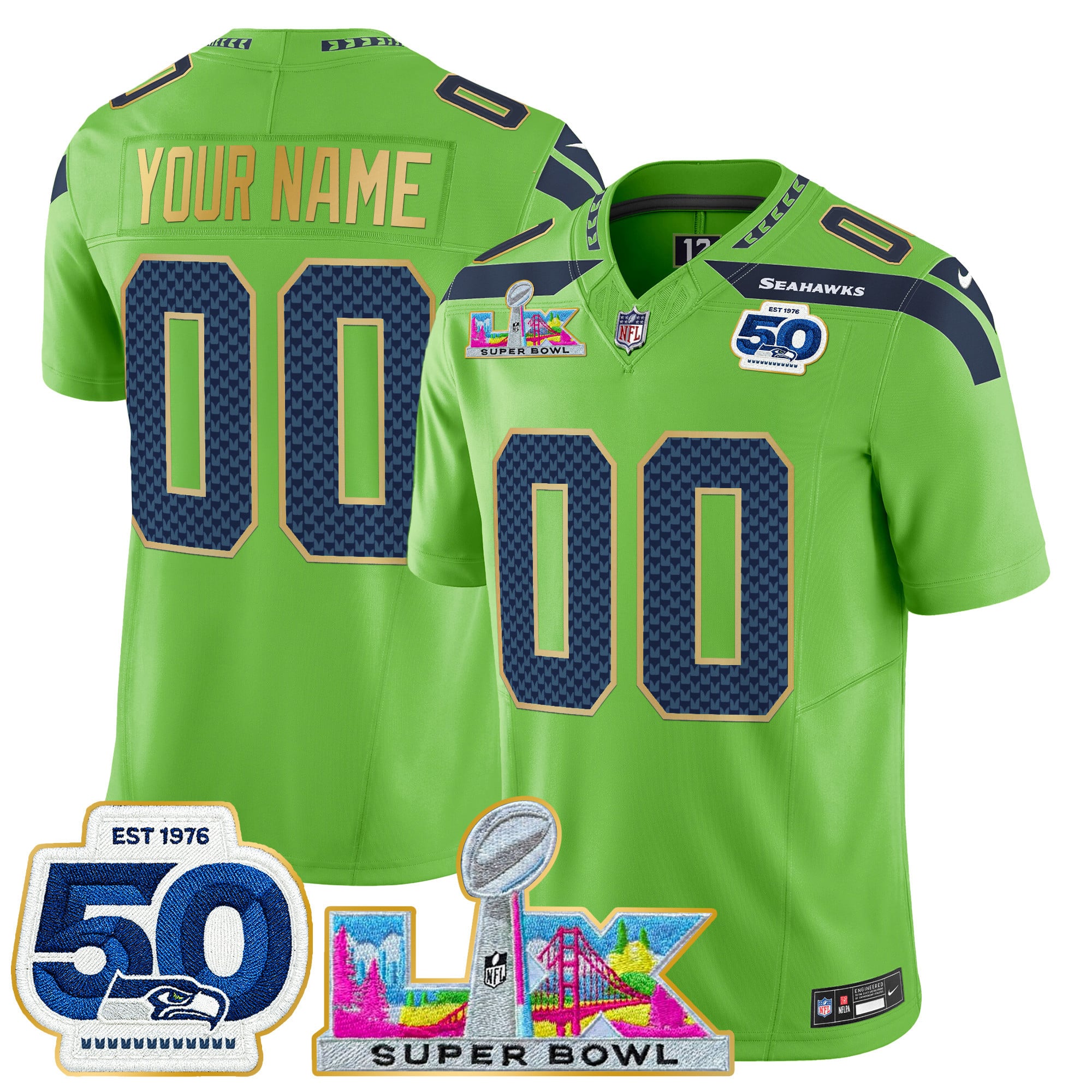 Seattle Seahawks "Super Bowl LX & 50th Patch" Gold Trim Vapor Limited Custom Jersey - All Stitched - Image 4
