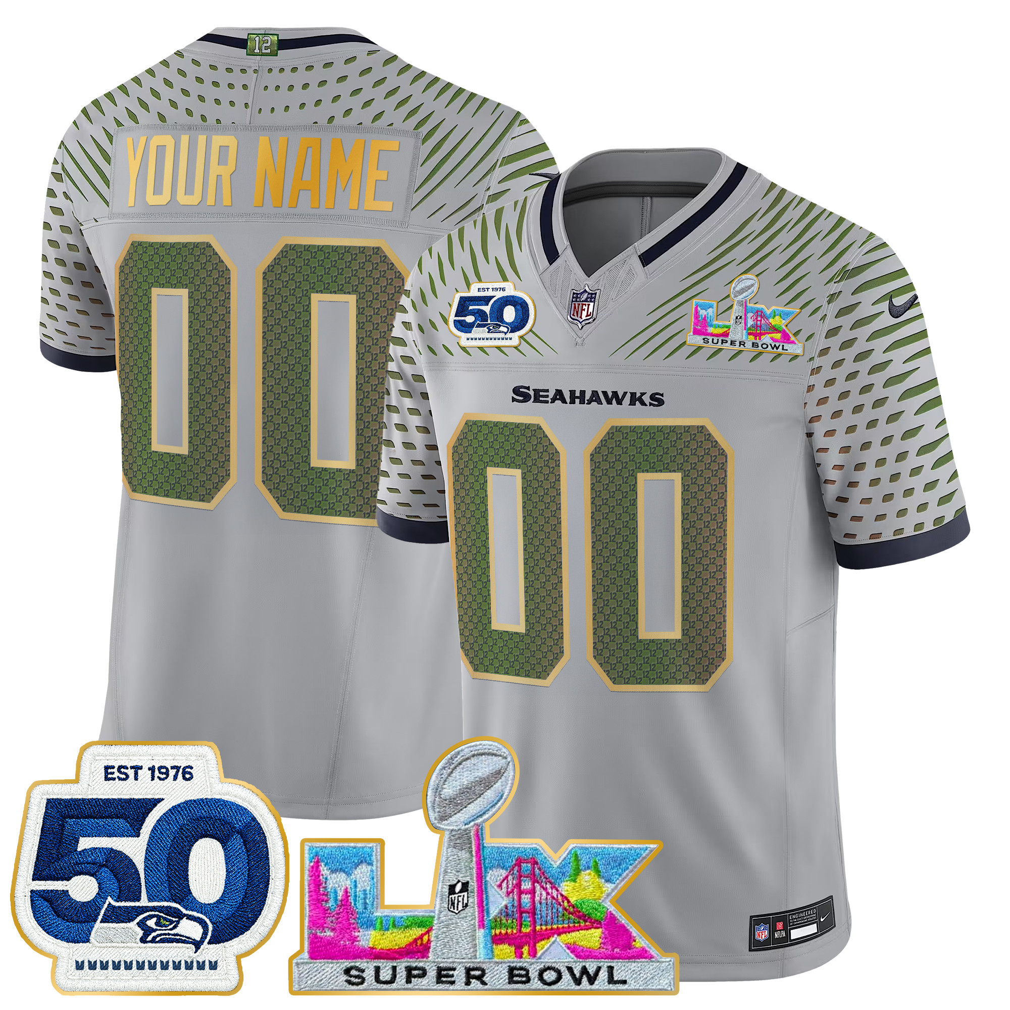Seattle Seahawks "Super Bowl LX & 50th Patch" Gold Trim Vapor Limited Custom Jersey - All Stitched - Image 3