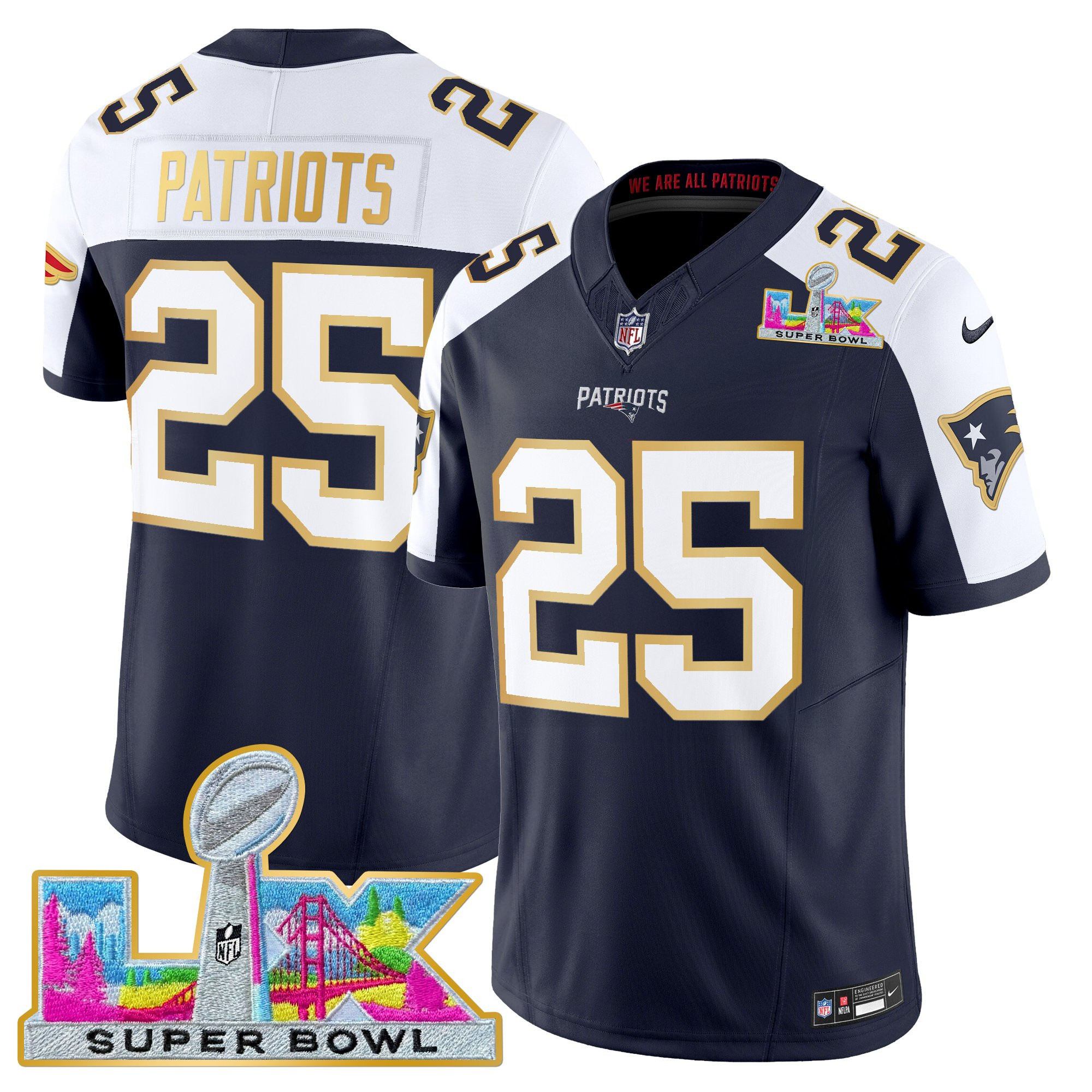 Men's New England Patriots Super Bowl LX Gold Trim Vapor Limited Jersey - All Stitched - Image 44