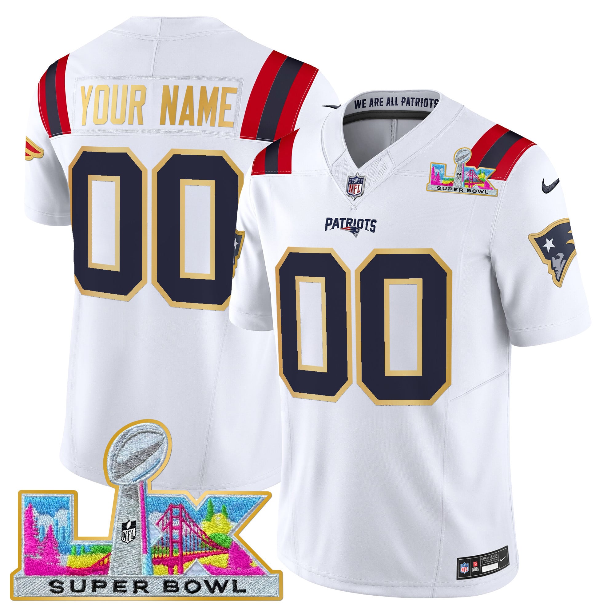 New England Patriots Super Bowl LX Gold Trim Vapor Limited Custom Jersey - All Stitched - Image 2