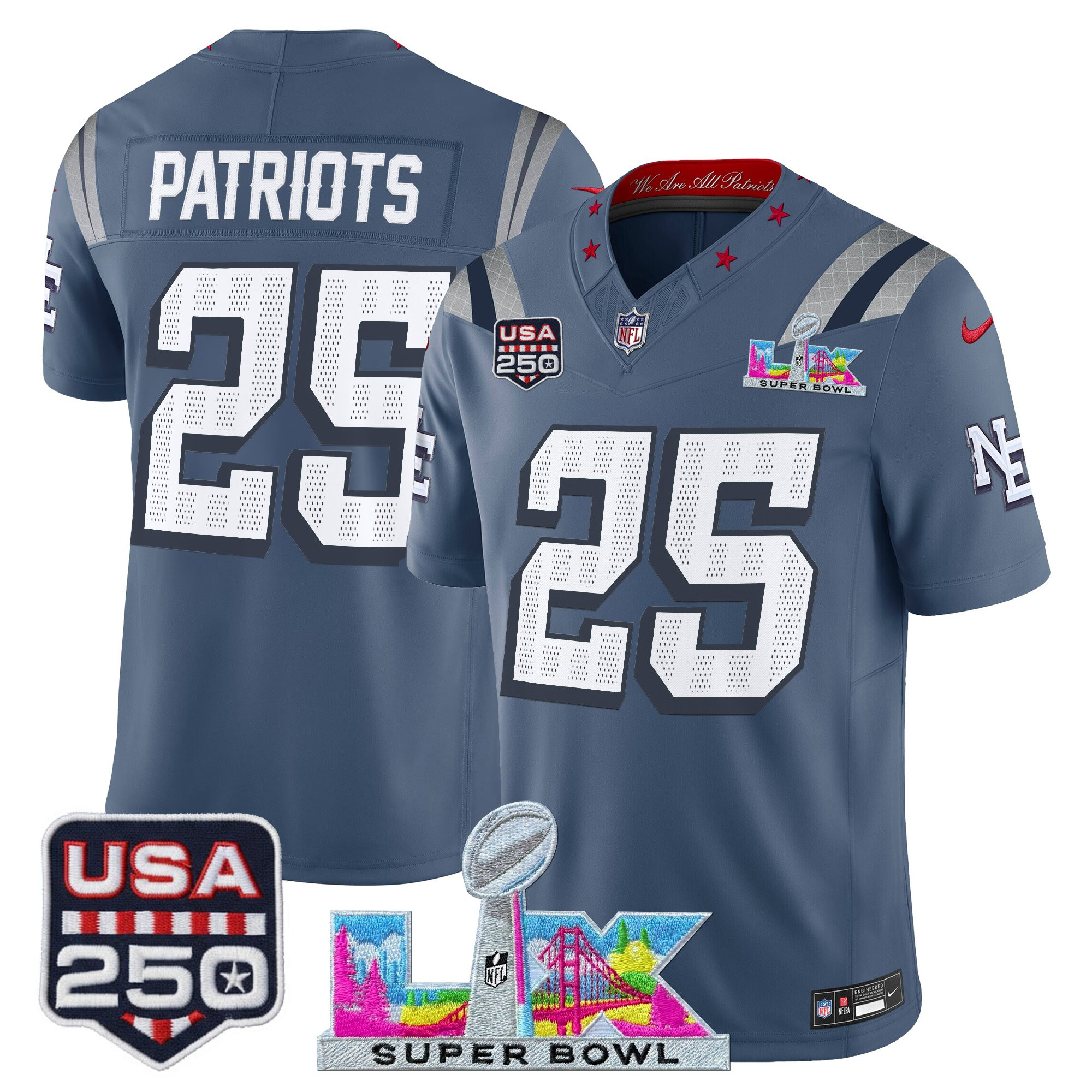 Men's New England Patriots "Super Bowl LX & United States 250th Anniversary Patch" Vapor Limited Jersey - All Stitched - Image 4