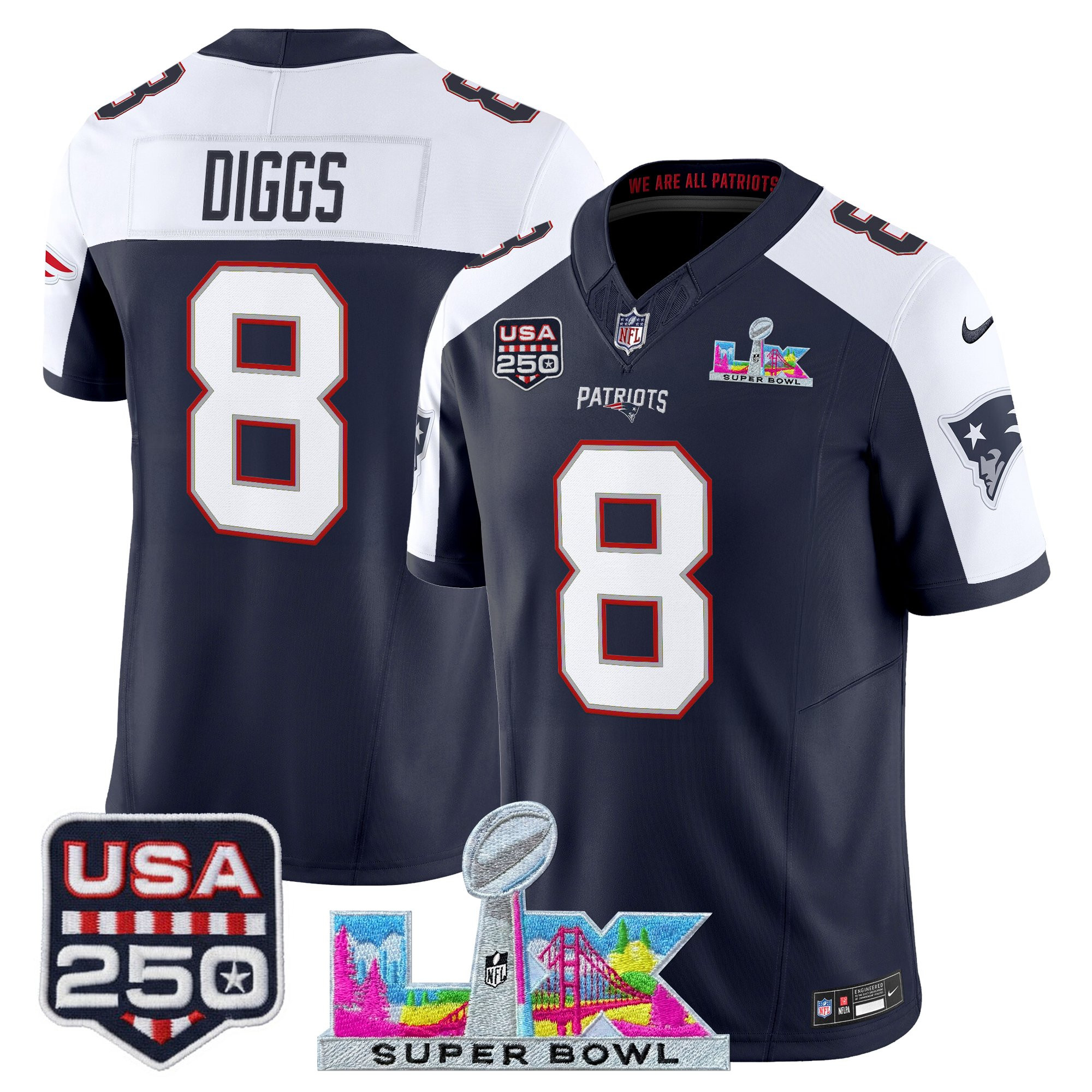 Men's New England Patriots "Super Bowl LX & United States 250th Anniversary Patch" Vapor Limited Jersey - All Stitched - Image 45