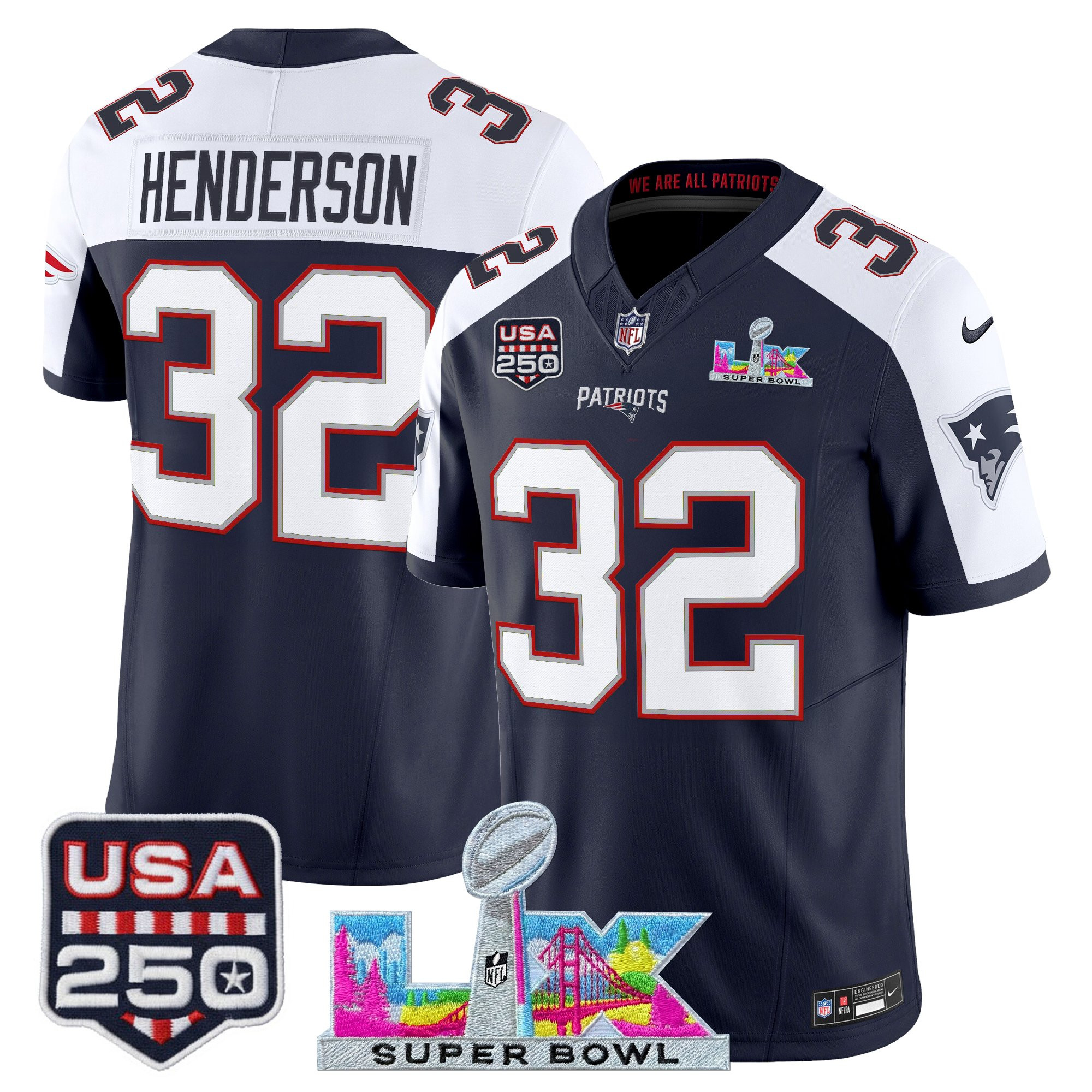 Men's New England Patriots "Super Bowl LX & United States 250th Anniversary Patch" Vapor Limited Jersey - All Stitched - Image 47