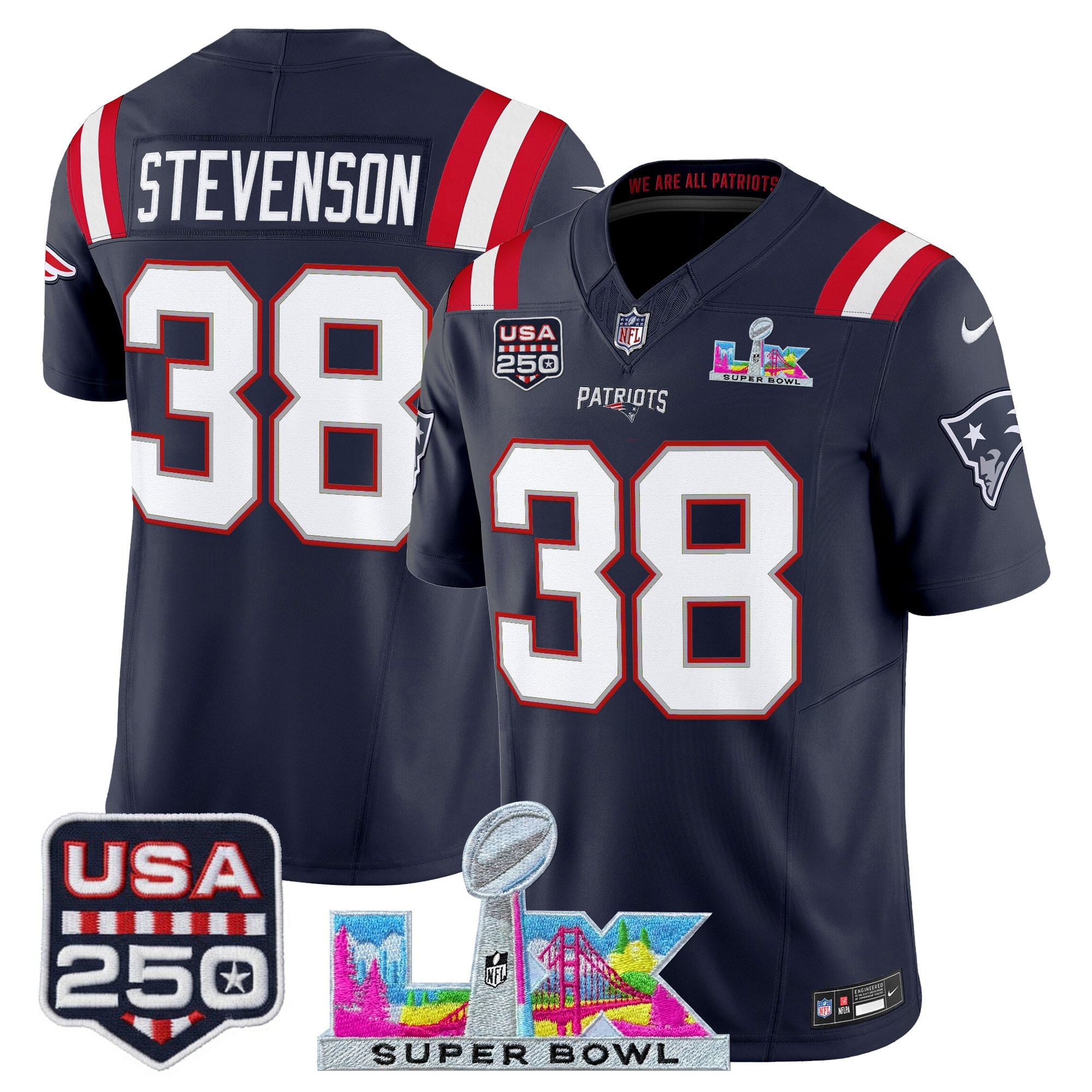 Men's New England Patriots "Super Bowl LX & United States 250th Anniversary Patch" Vapor Limited Jersey - All Stitched - Image 28