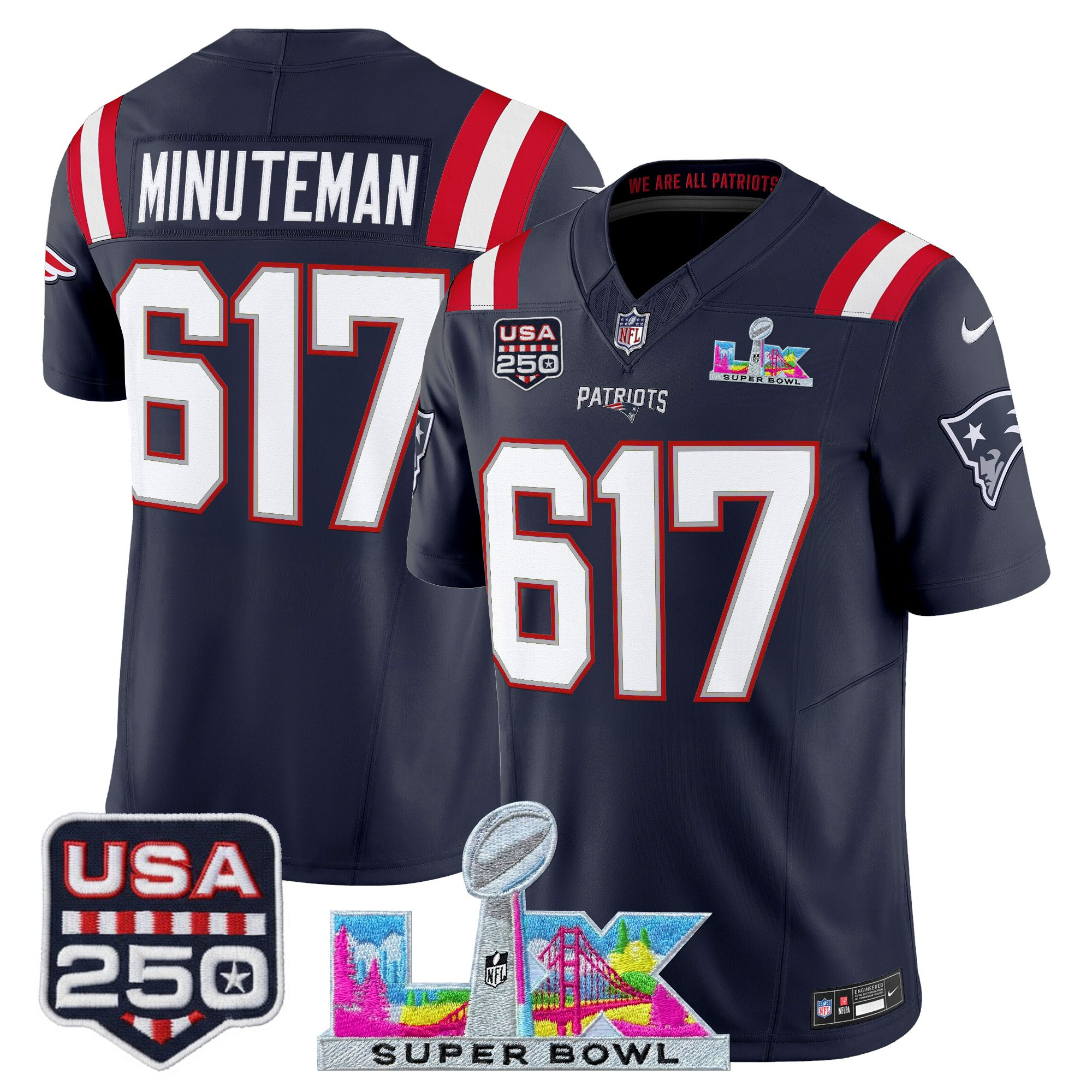 Men's New England Patriots "Super Bowl LX & United States 250th Anniversary Patch" Vapor Limited Jersey - All Stitched - Image 23