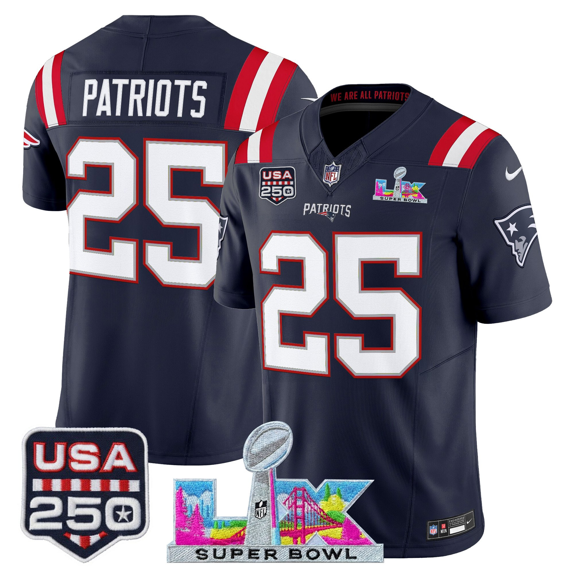 Men's New England Patriots "Super Bowl LX & United States 250th Anniversary Patch" Vapor Limited Jersey - All Stitched - Image 24