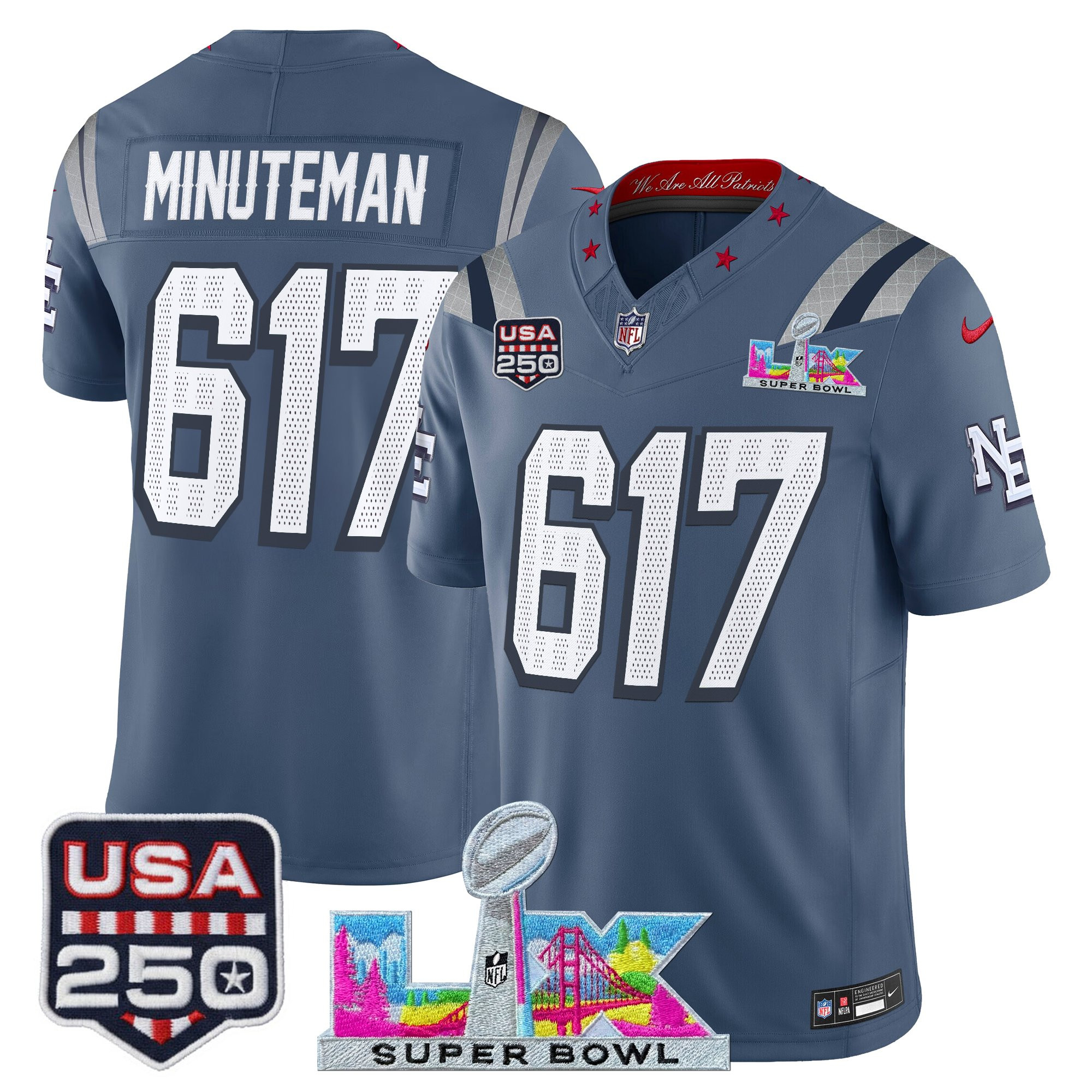 Men's New England Patriots "Super Bowl LX & United States 250th Anniversary Patch" Vapor Limited Jersey - All Stitched - Image 3