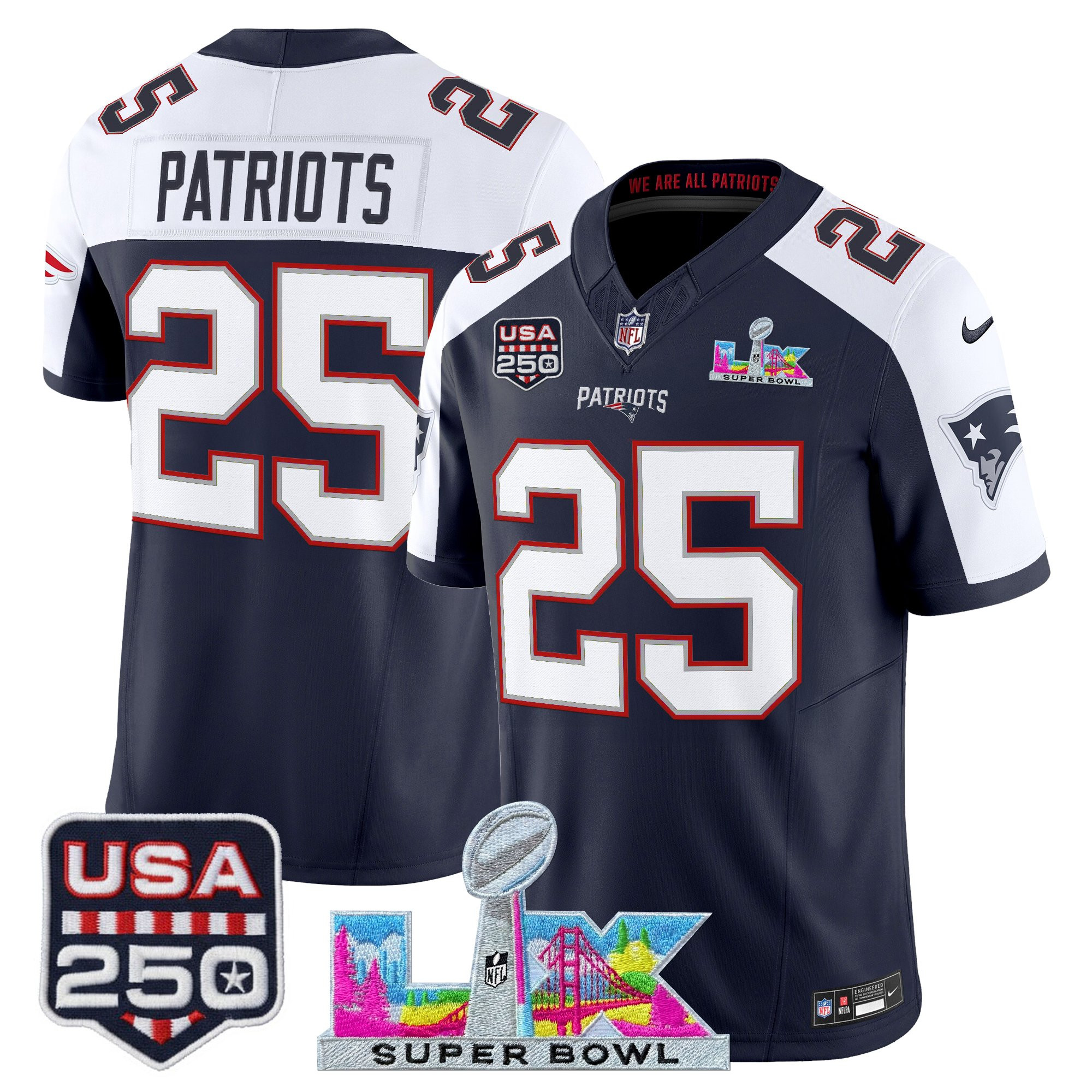 Men's New England Patriots "Super Bowl LX & United States 250th Anniversary Patch" Vapor Limited Jersey - All Stitched - Image 44