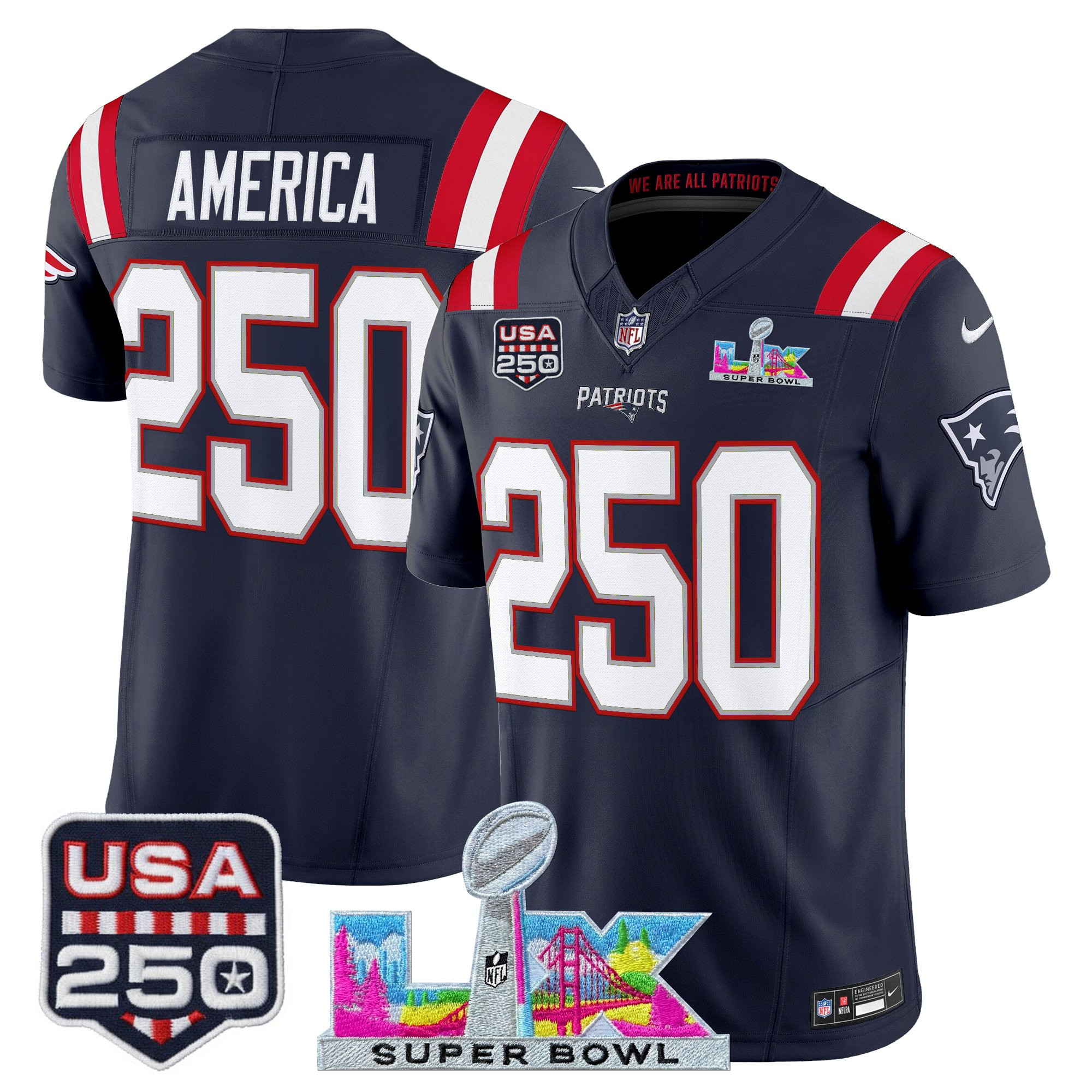 Men's New England Patriots "Super Bowl LX & United States 250th Anniversary Patch" Vapor Limited Jersey - All Stitched - Image 22