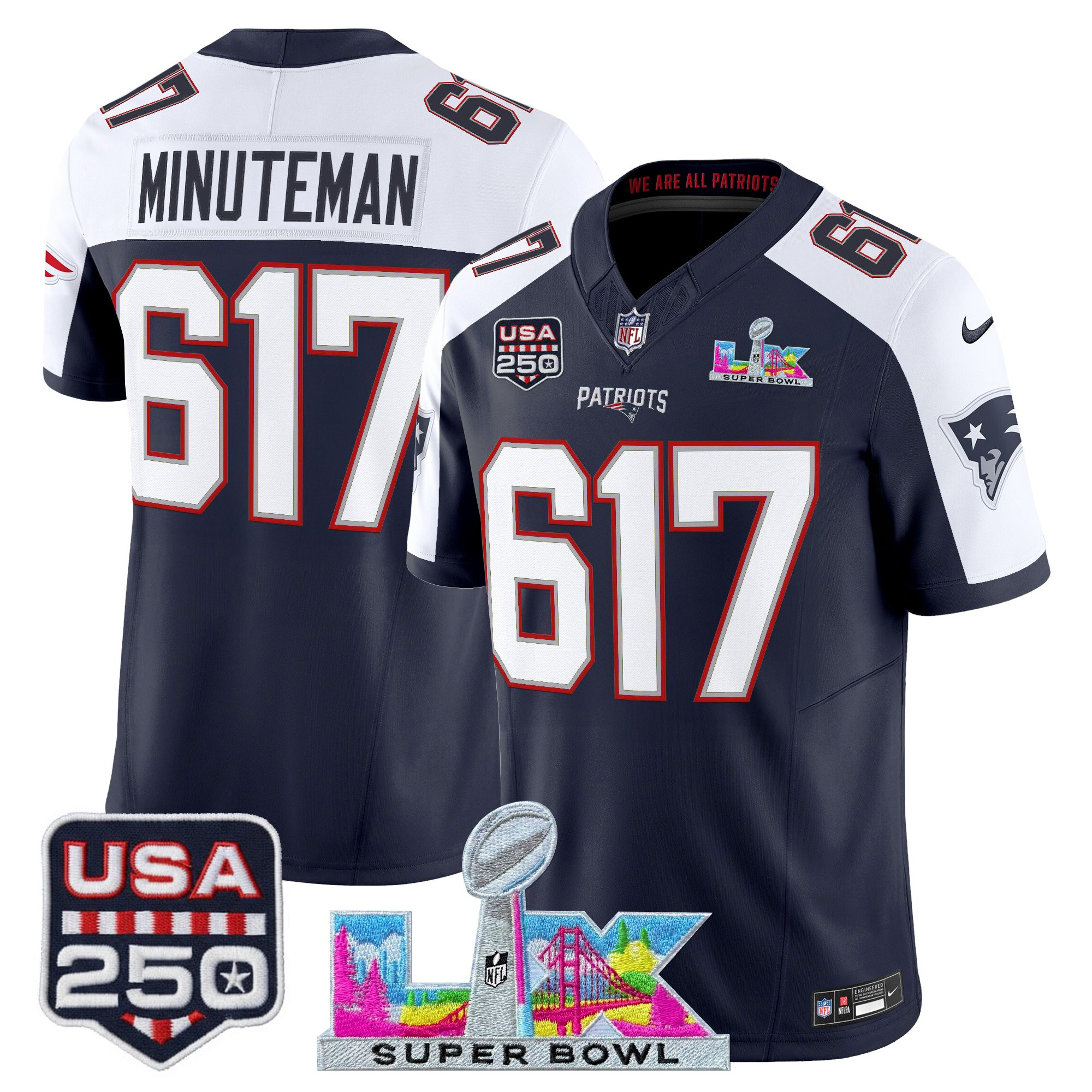 Men's New England Patriots "Super Bowl LX & United States 250th Anniversary Patch" Vapor Limited Jersey - All Stitched - Image 43