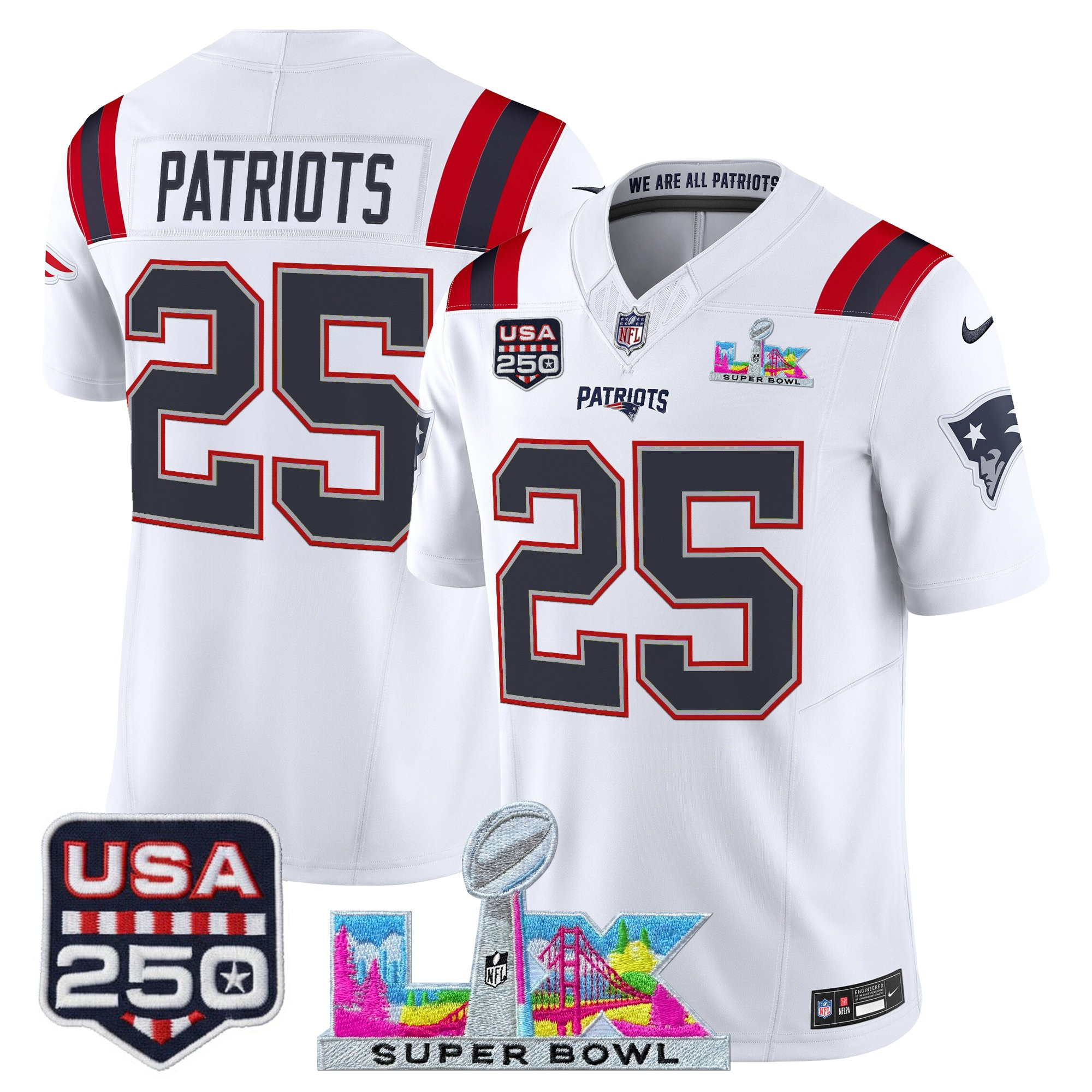 Men's New England Patriots "Super Bowl LX & United States 250th Anniversary Patch" Vapor Limited Jersey - All Stitched - Image 14