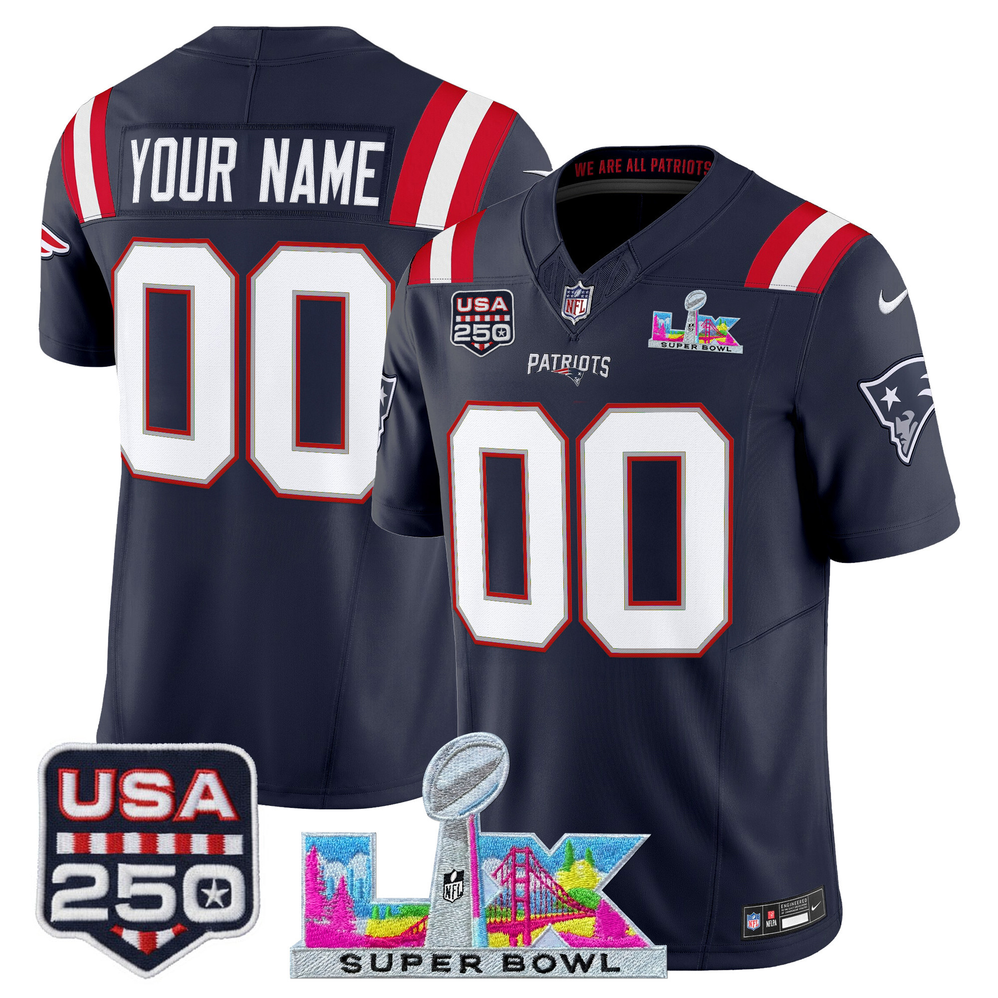 New England Patriots "Super Bowl LX & United States 250th Anniversary Patch" Vapor Limited Custom Jersey - All Stitched - Image 3