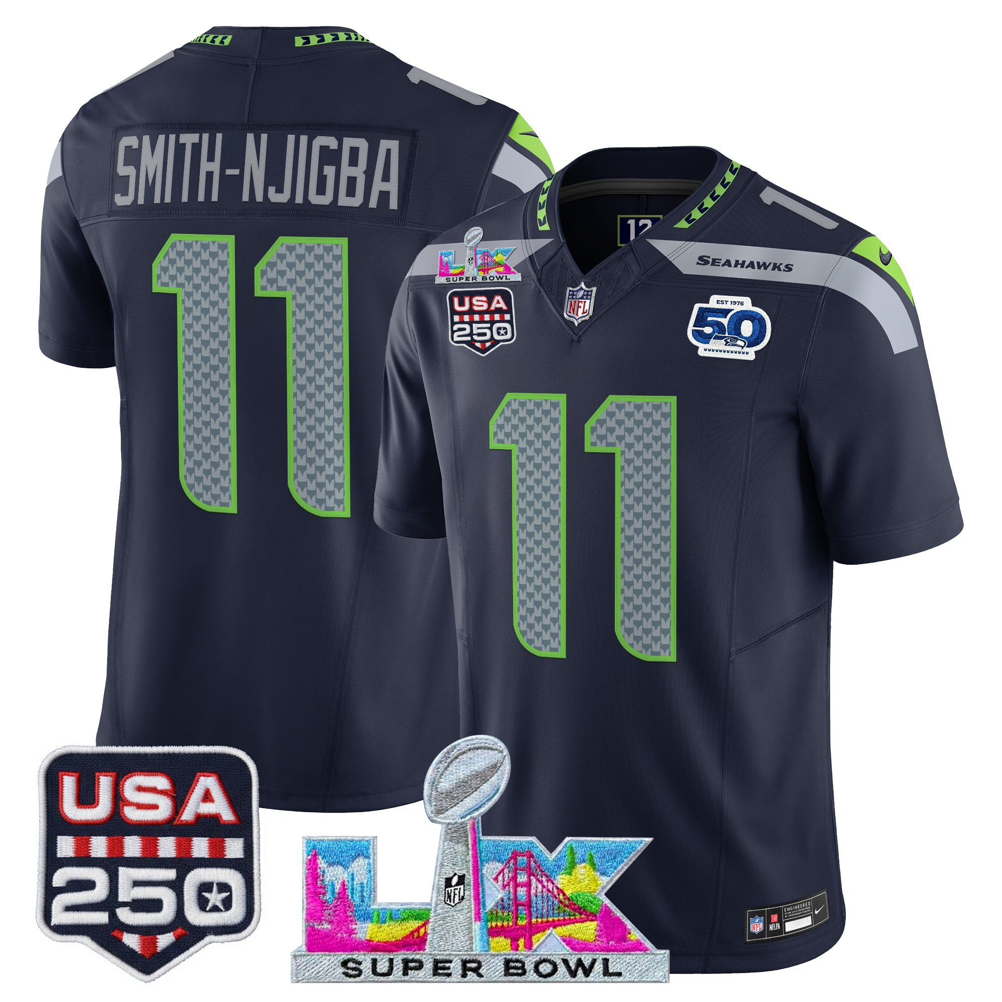 Men's Seattle Seahawks "Super Bowl LX & United States 250th Anniversary Patch" Vapor Limited Jersey - All Stitched - Image 9
