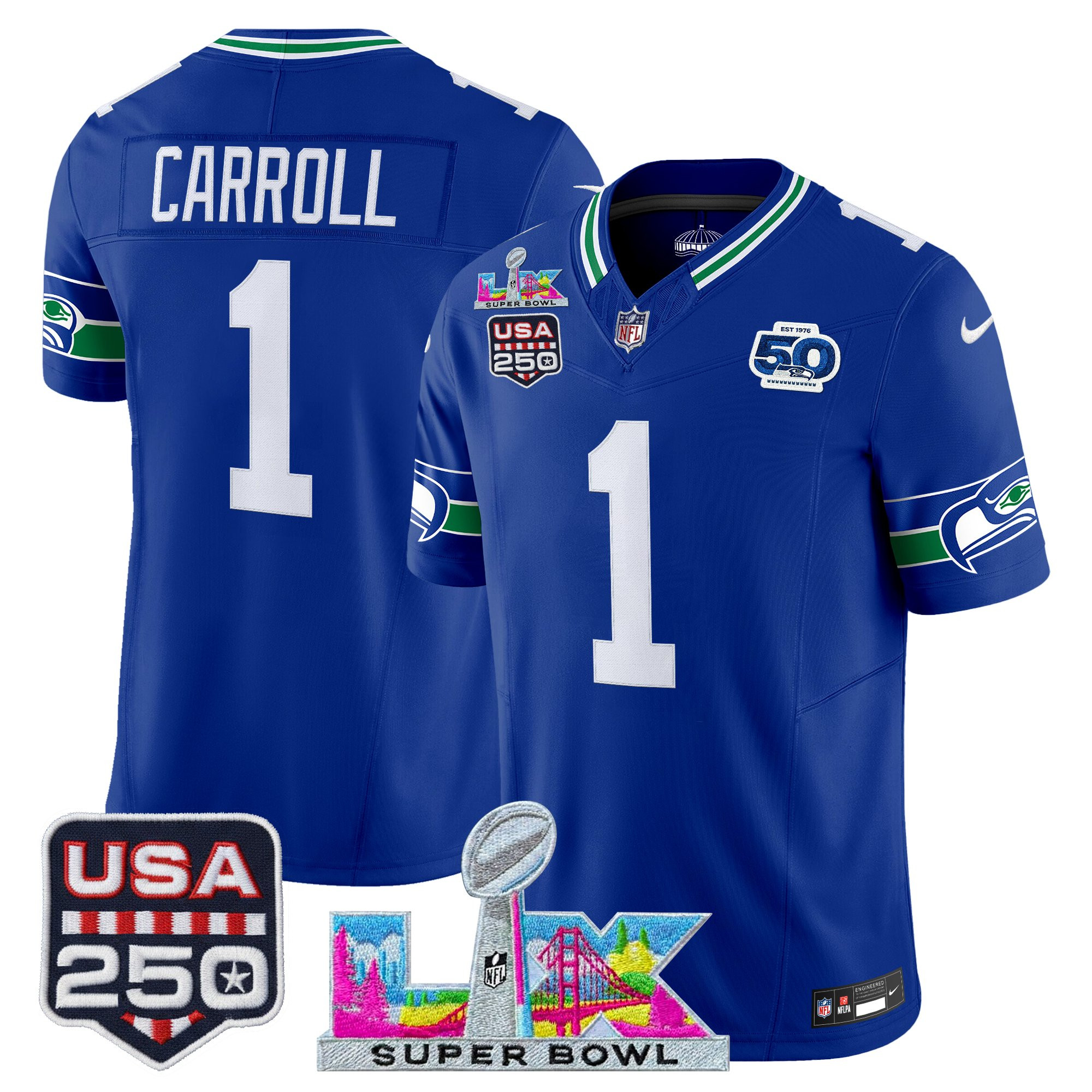 Men's Seattle Seahawks "Super Bowl LX & United States 250th Anniversary Patch" Vapor Limited Jersey - All Stitched - Image 3
