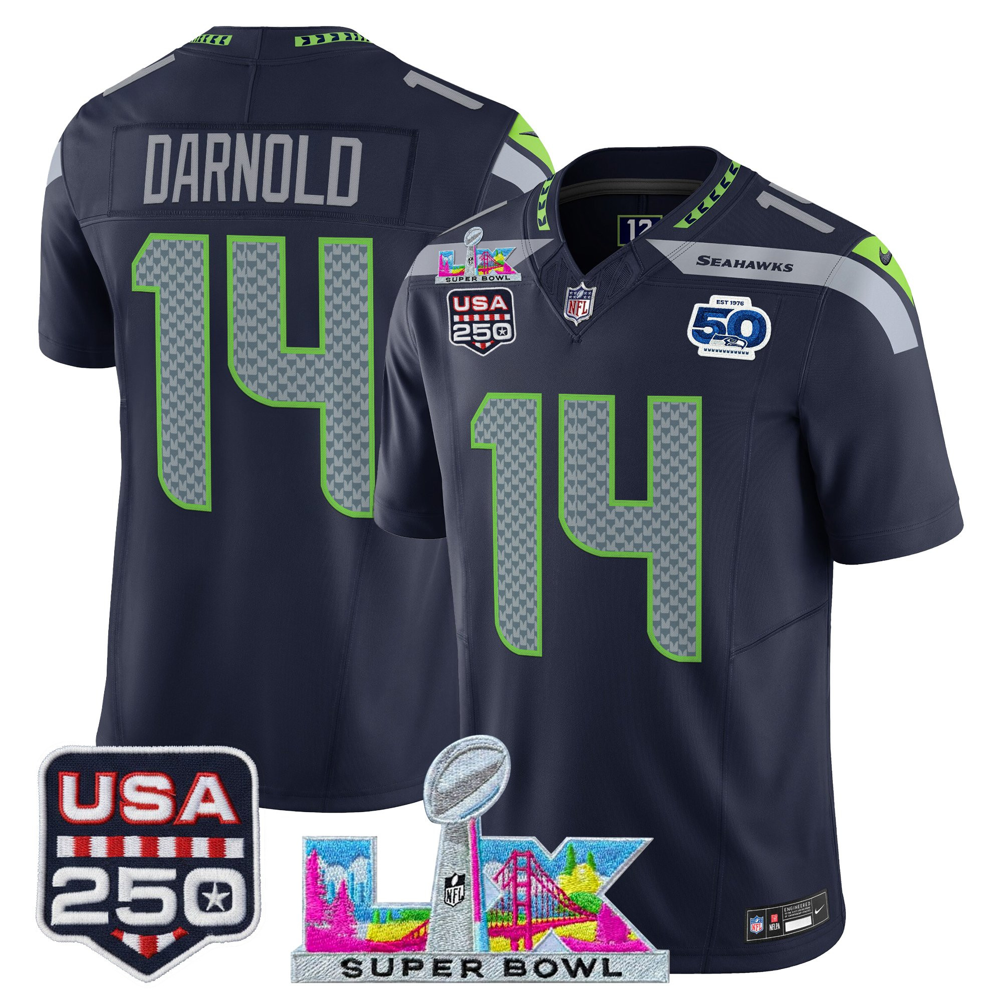 Men's Seattle Seahawks "Super Bowl LX & United States 250th Anniversary Patch" Vapor Limited Jersey - All Stitched - Image 8