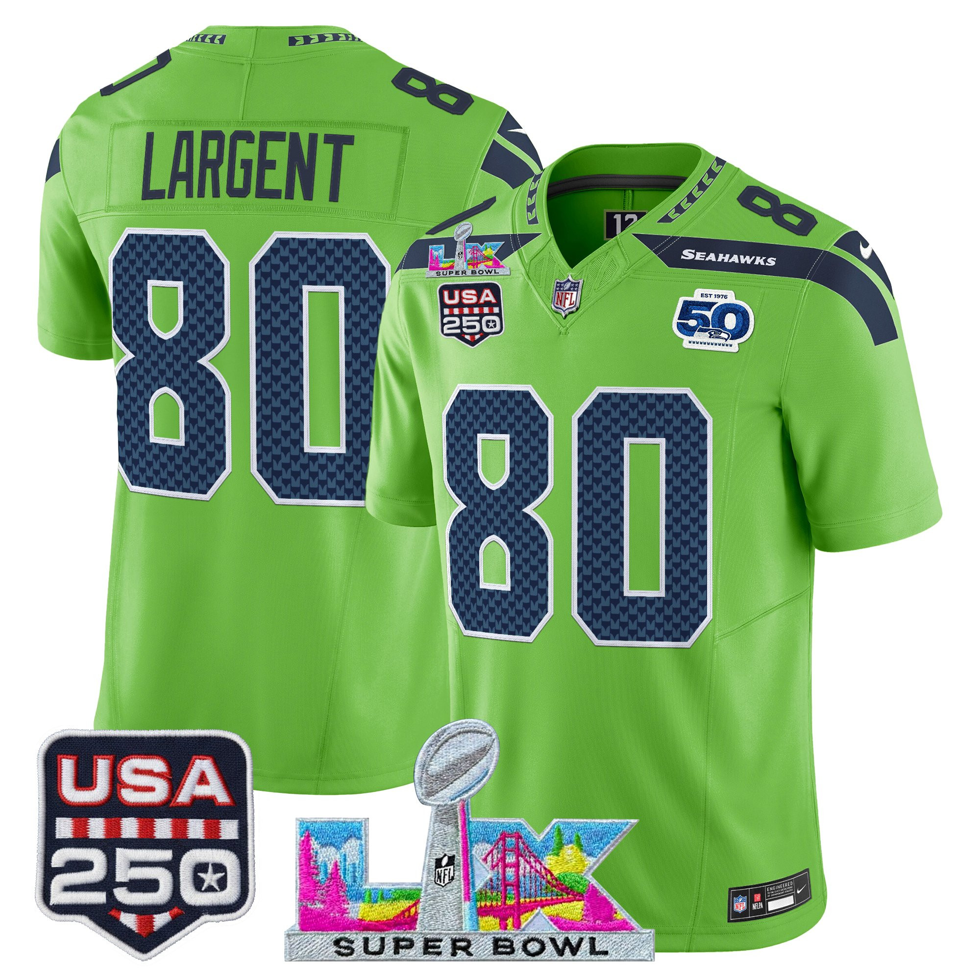 Men's Seattle Seahawks "Super Bowl LX & United States 250th Anniversary Patch" Vapor Limited Jersey - All Stitched - Image 27