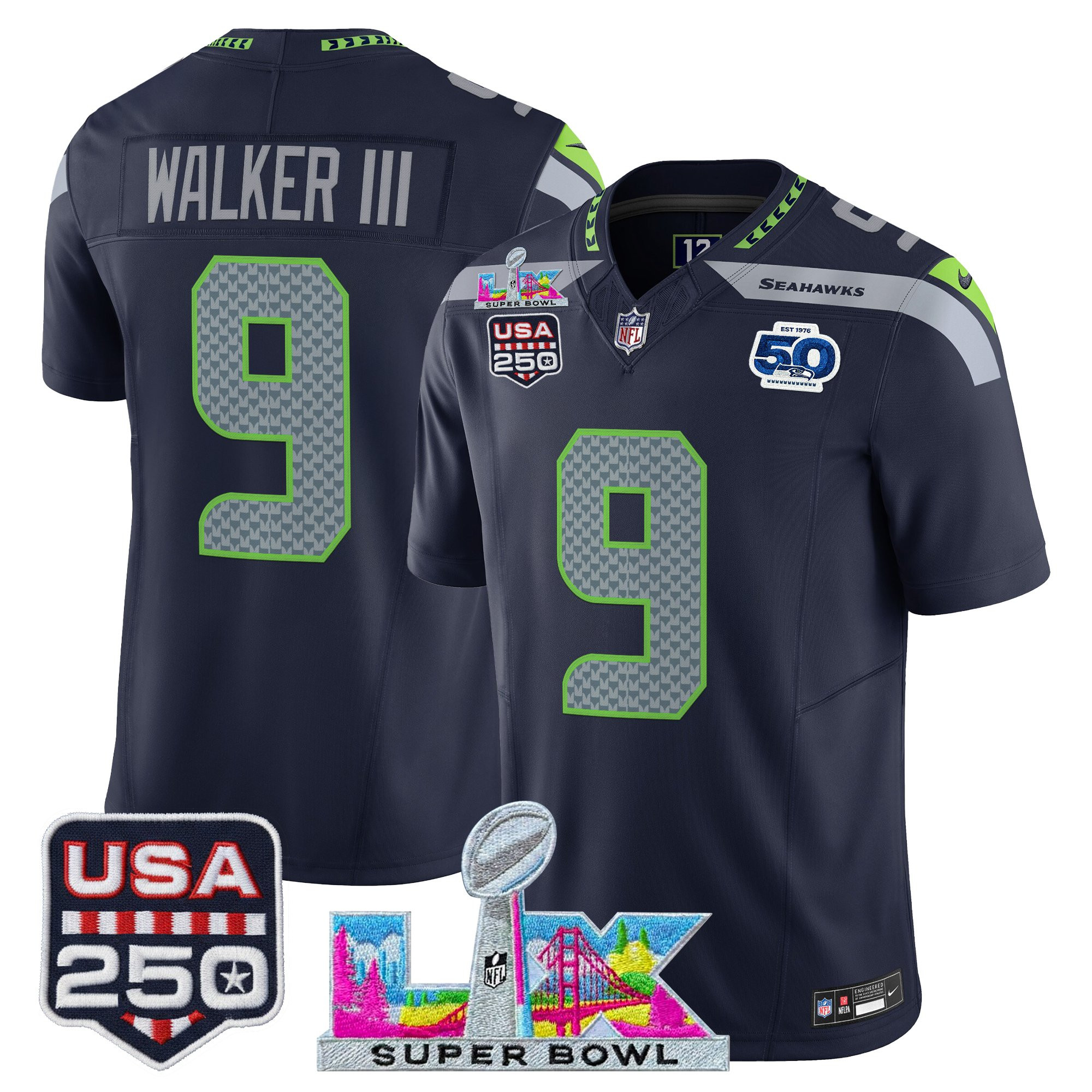 Men's Seattle Seahawks "Super Bowl LX & United States 250th Anniversary Patch" Vapor Limited Jersey - All Stitched - Image 12