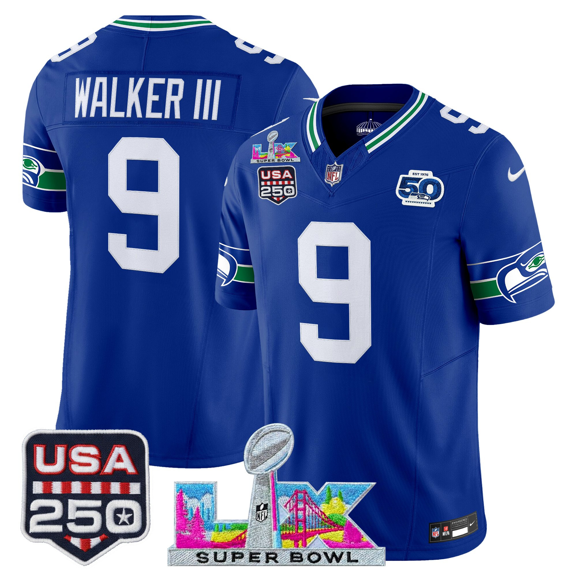 Men's Seattle Seahawks "Super Bowl LX & United States 250th Anniversary Patch" Vapor Limited Jersey - All Stitched - Image 5