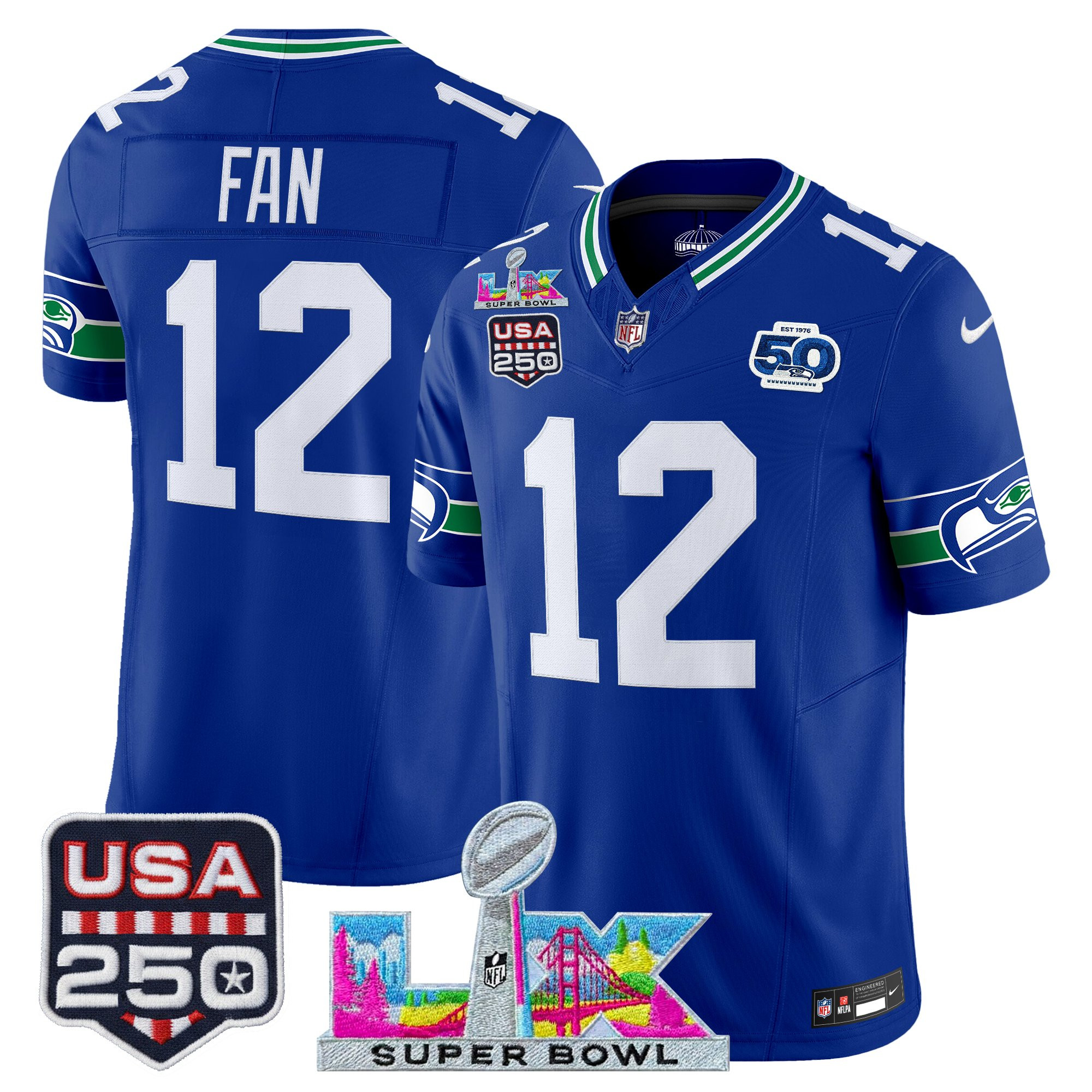 Men's Seattle Seahawks "Super Bowl LX & United States 250th Anniversary Patch" Vapor Limited Jersey - All Stitched - Image 7